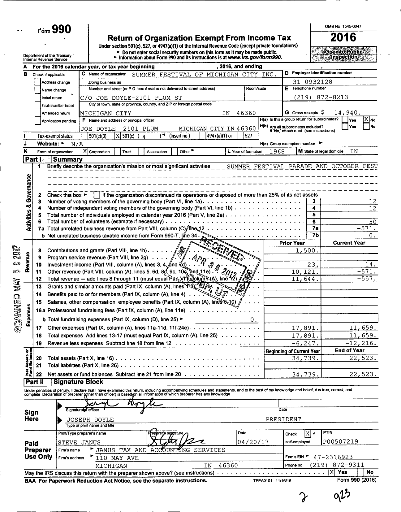 Image of first page of 2016 Form 990O for Summer Festival of Michigan City
