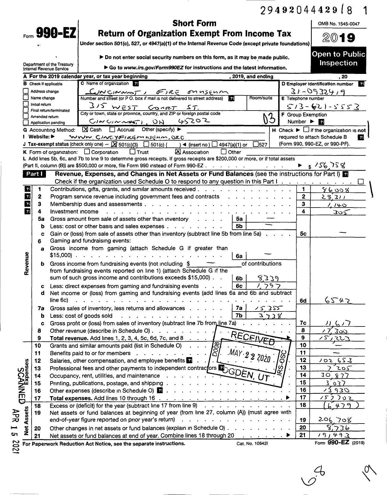 Image of first page of 2019 Form 990EZ for Cincinnati Fire Museum