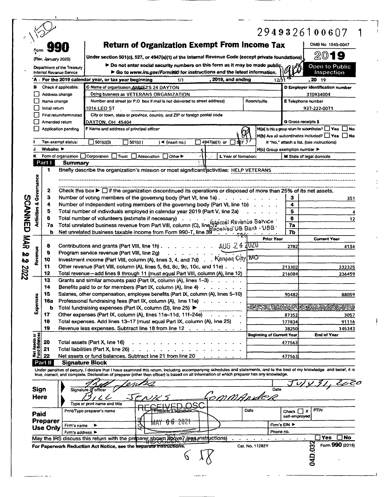 Image of first page of 2019 Form 990O for Amvets Dayton Post 24