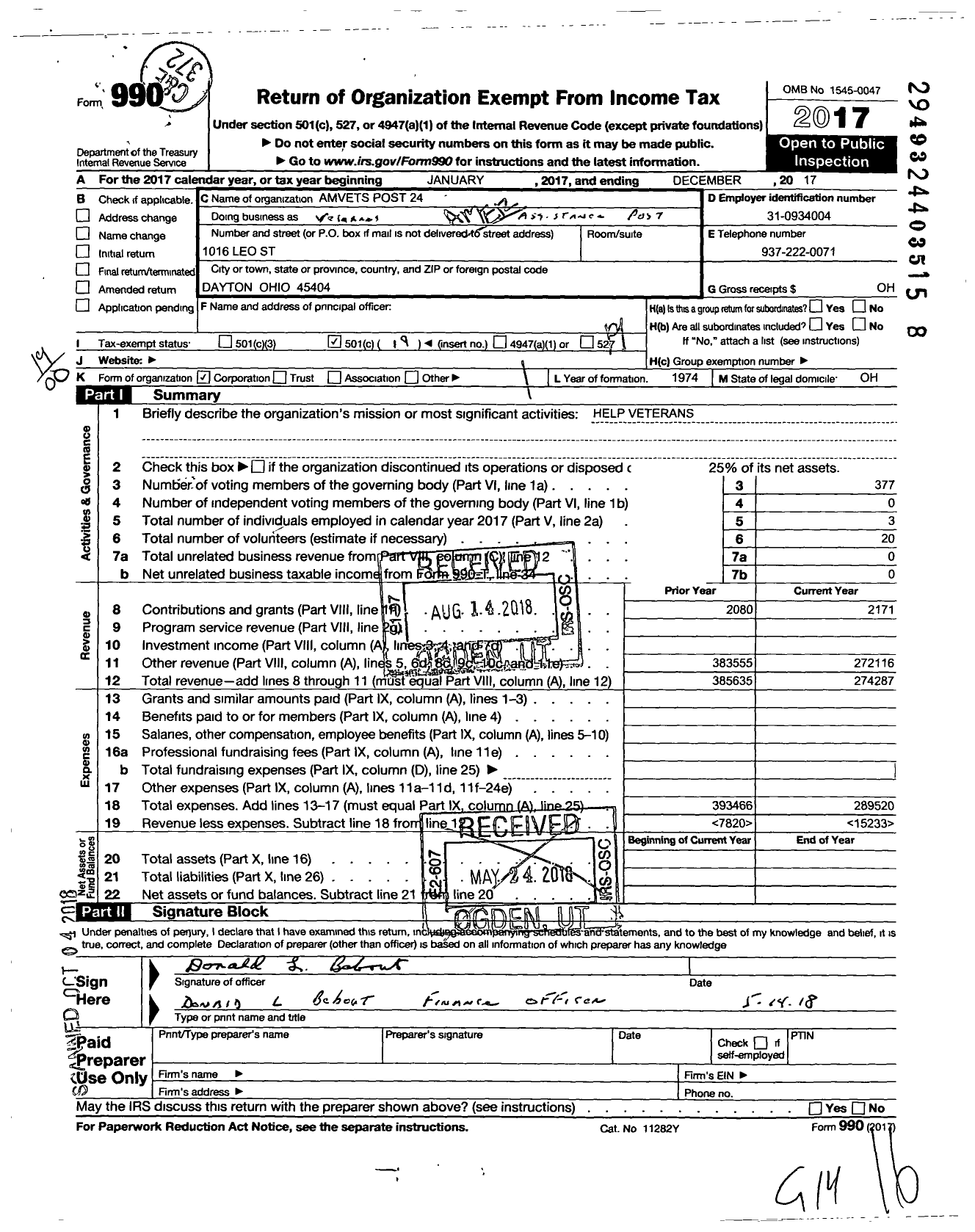 Image of first page of 2017 Form 990O for Amvets Dayton Post 24