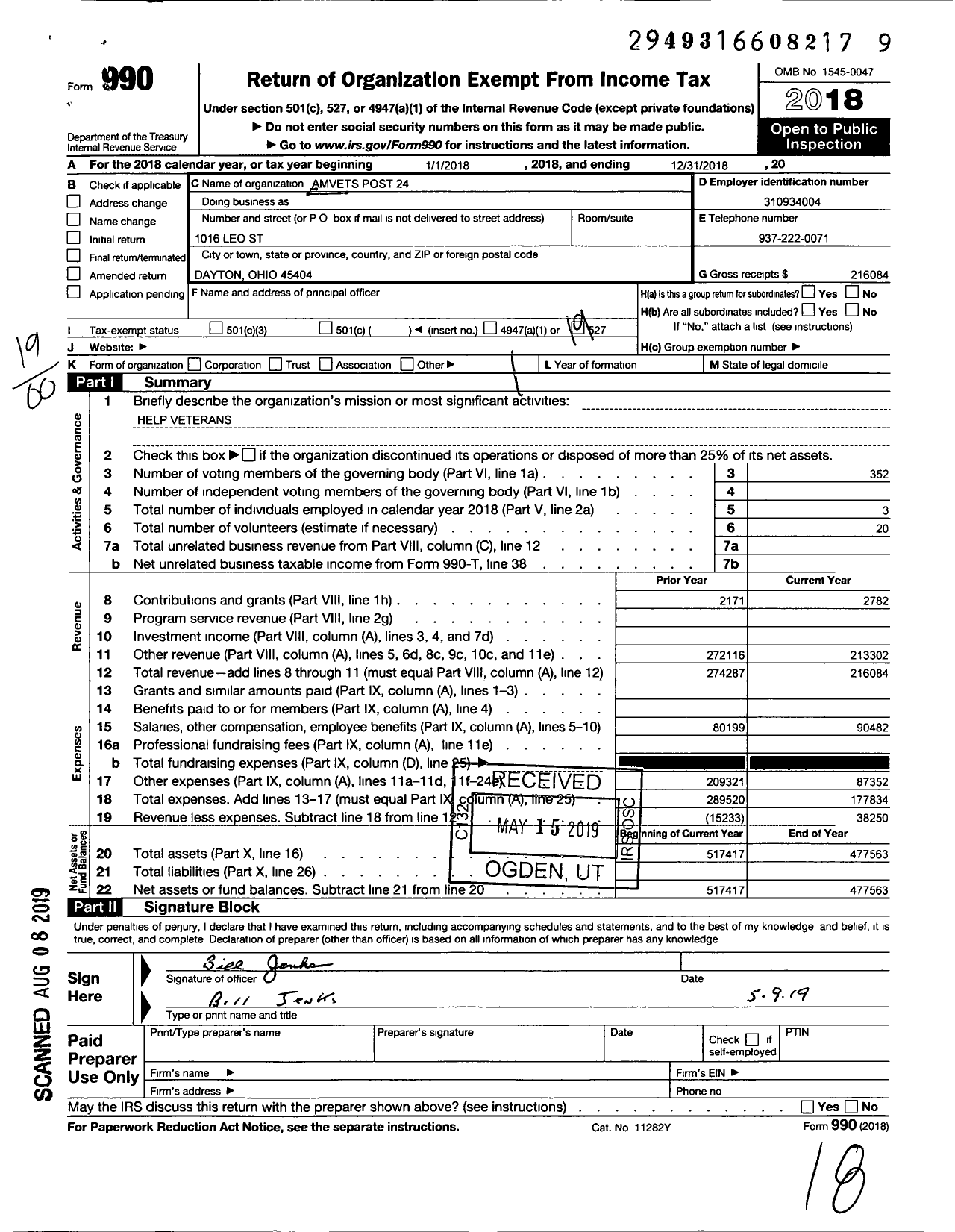 Image of first page of 2018 Form 990O for Amvets Dayton Post 24