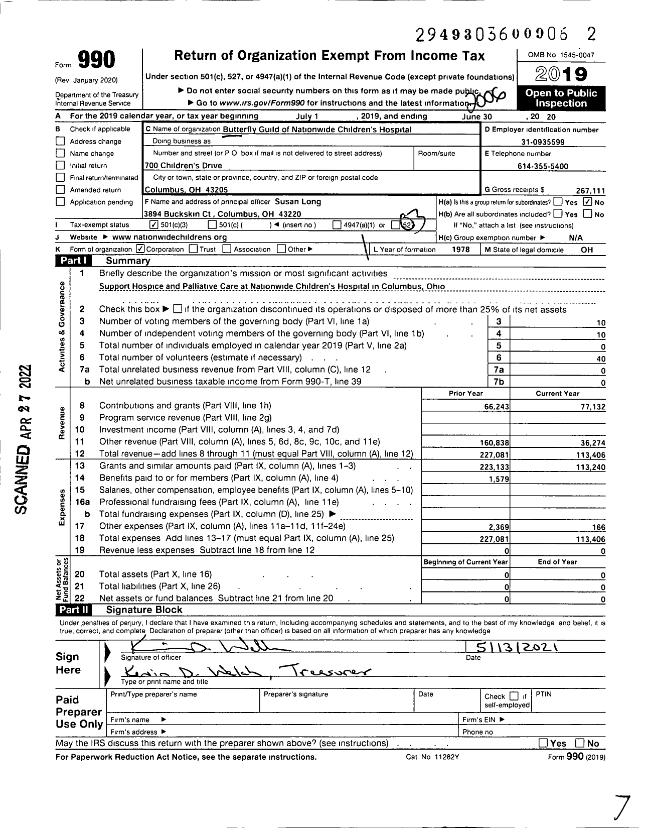 Image of first page of 2019 Form 990 for The Butterfly Guild of Nationwide Childrens Hospital