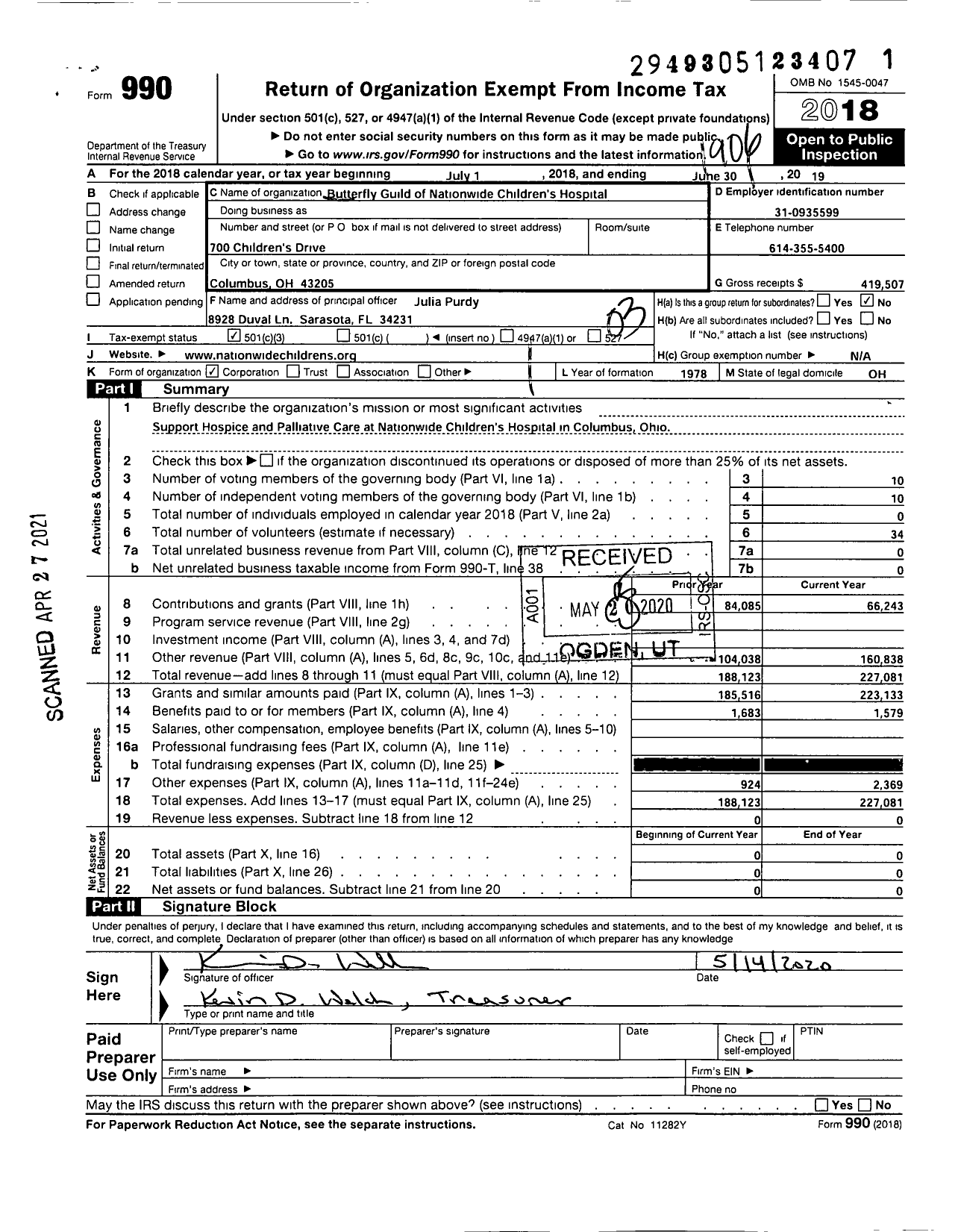 Image of first page of 2018 Form 990 for The Butterfly Guild of Nationwide Childrens Hospital