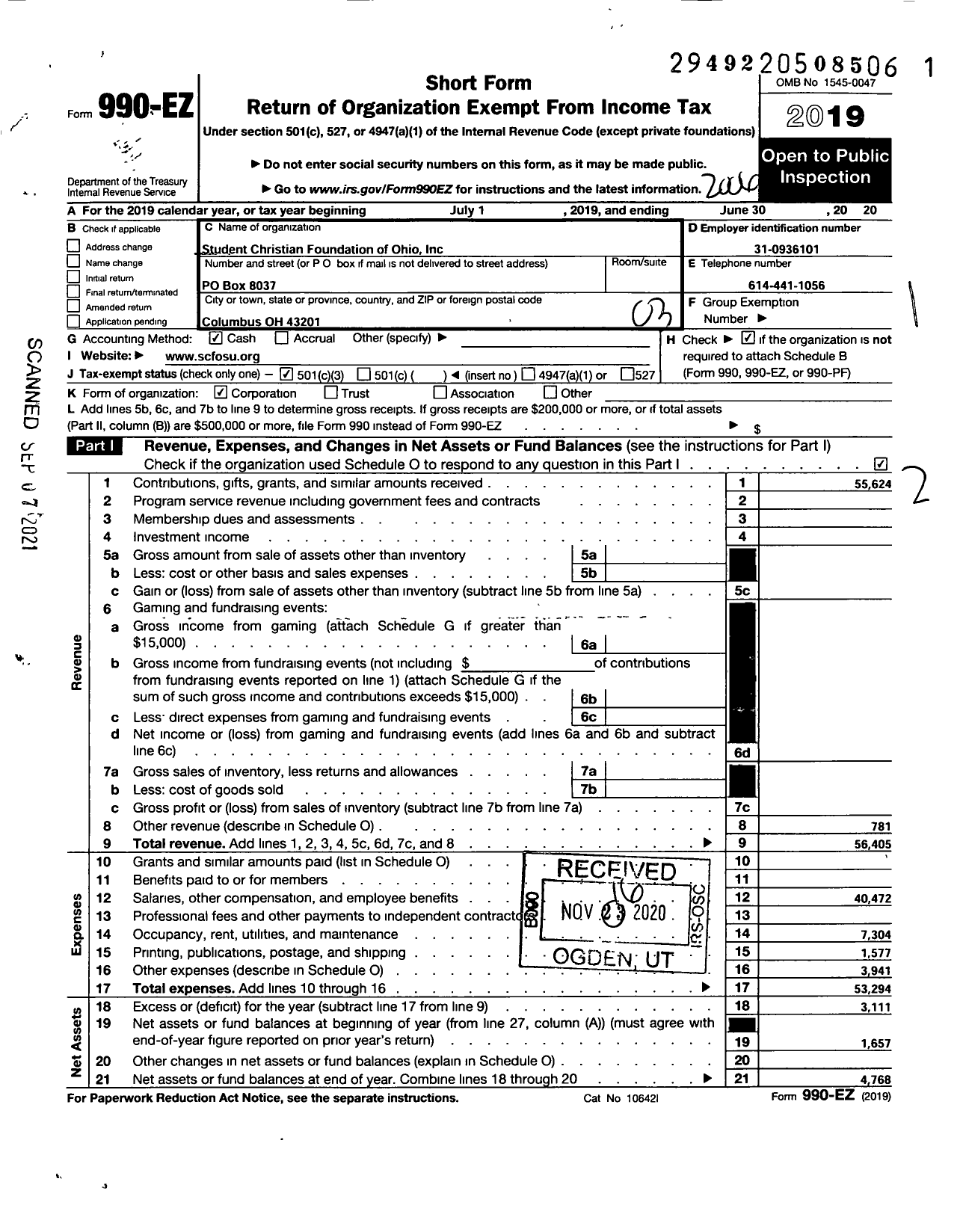 Image of first page of 2019 Form 990EZ for Student Christian Foundation of Ohio