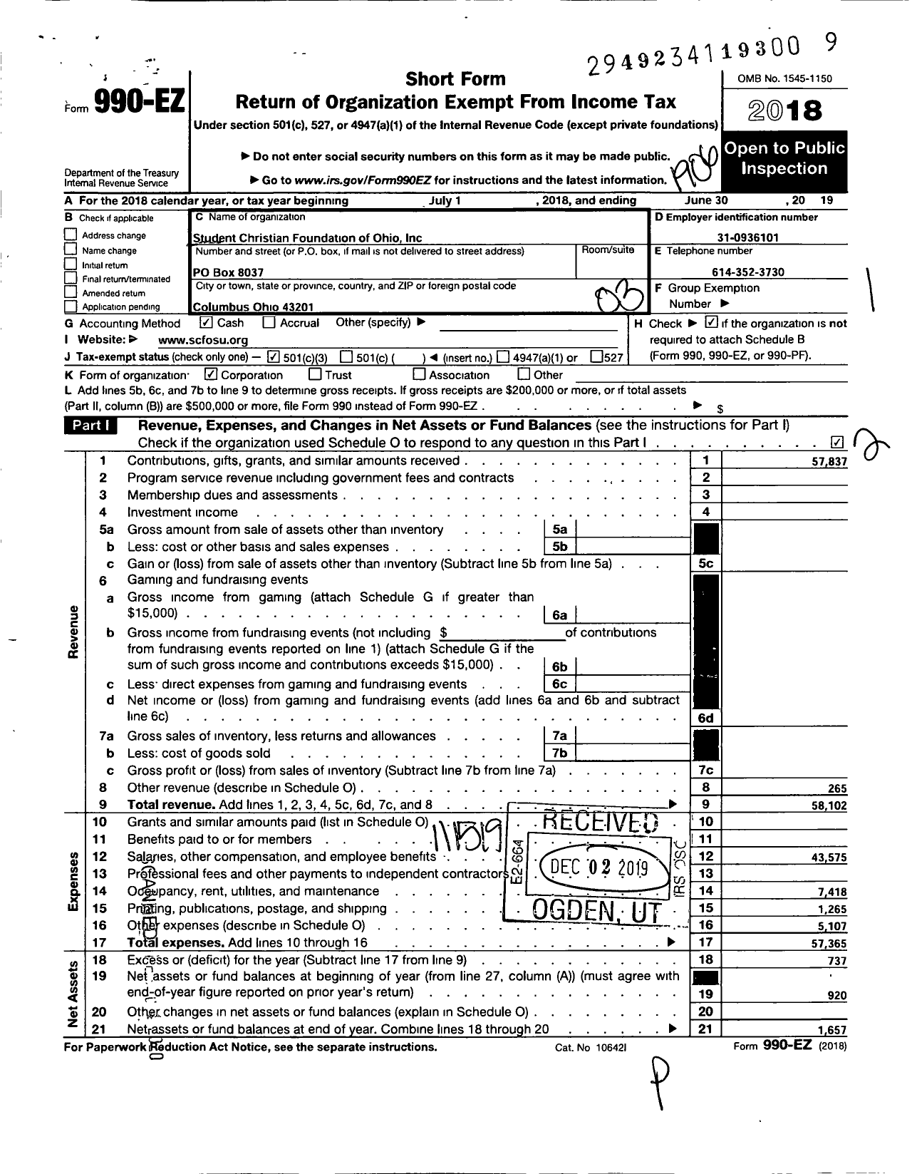 Image of first page of 2018 Form 990EZ for Student Christian Foundation of Ohio