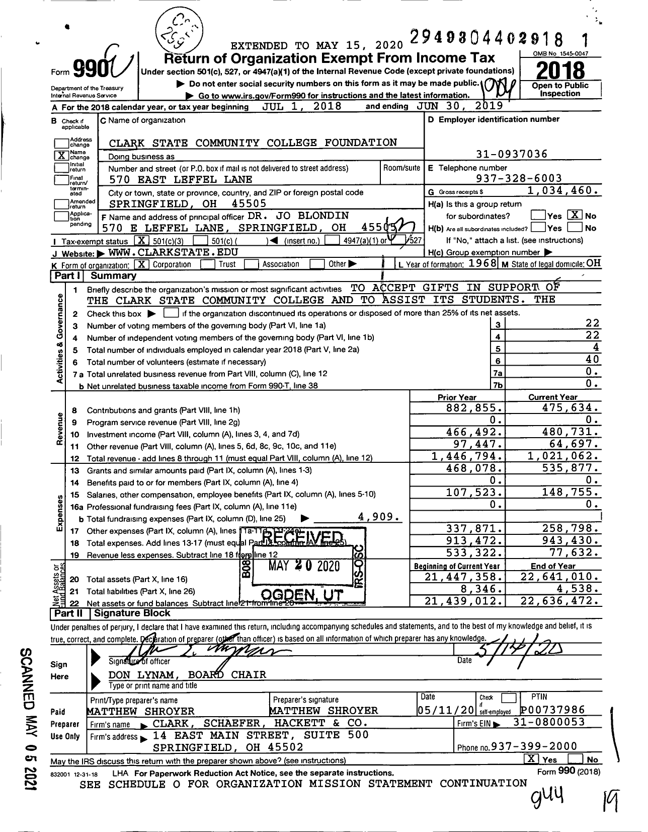 Image of first page of 2018 Form 990 for Clark State College Foundation