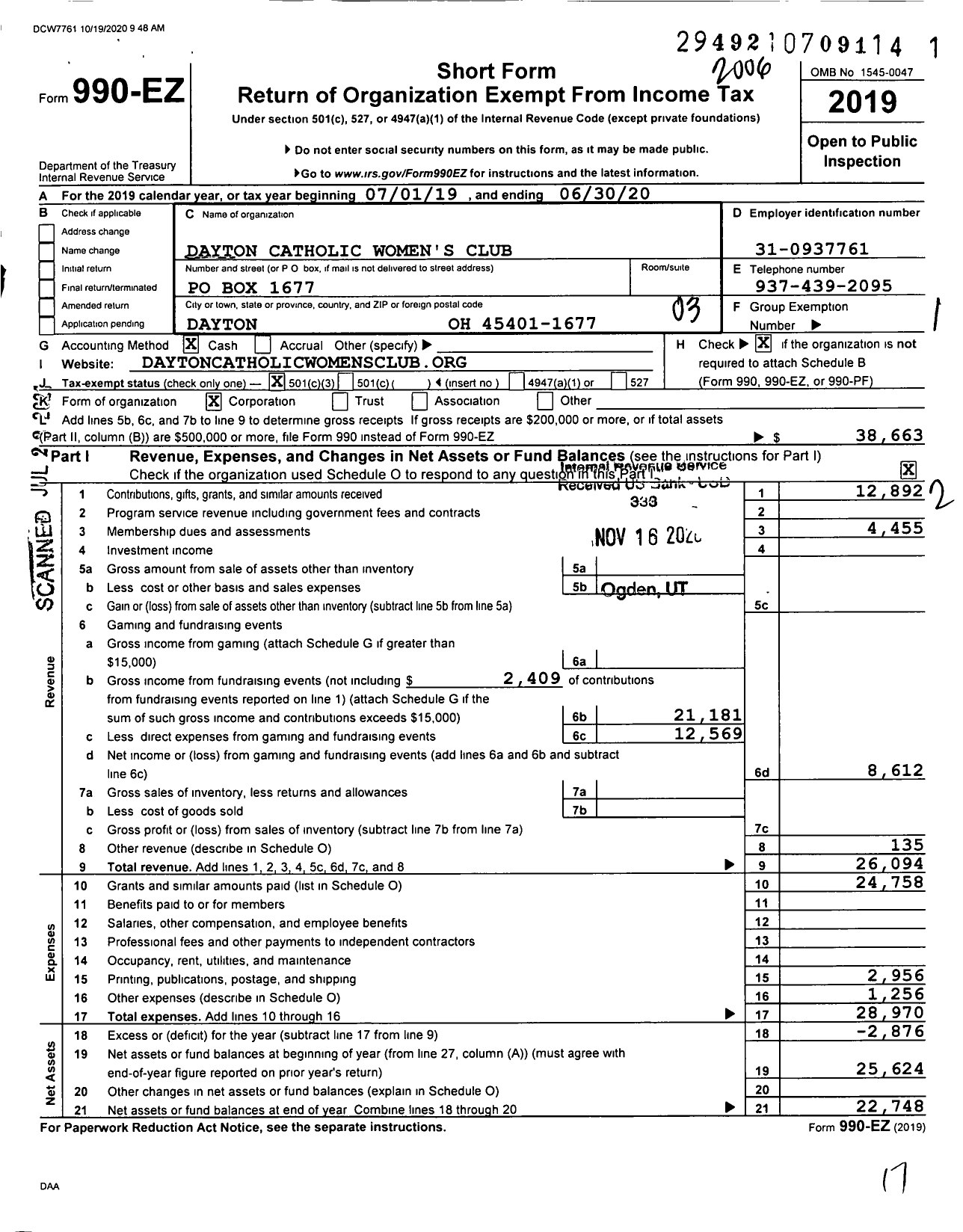 Image of first page of 2019 Form 990EZ for Dayton Catholic Women's Club