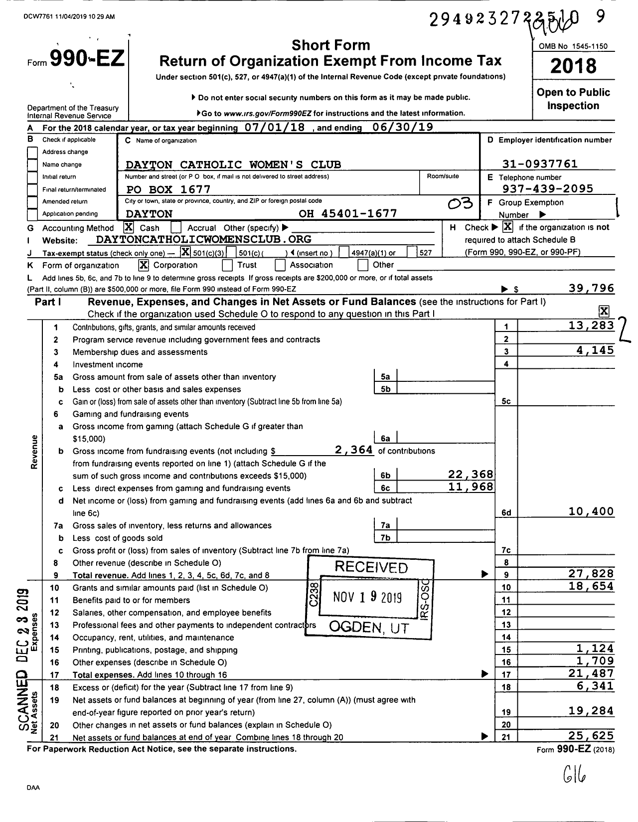 Image of first page of 2018 Form 990EZ for Dayton Catholic Women's Club