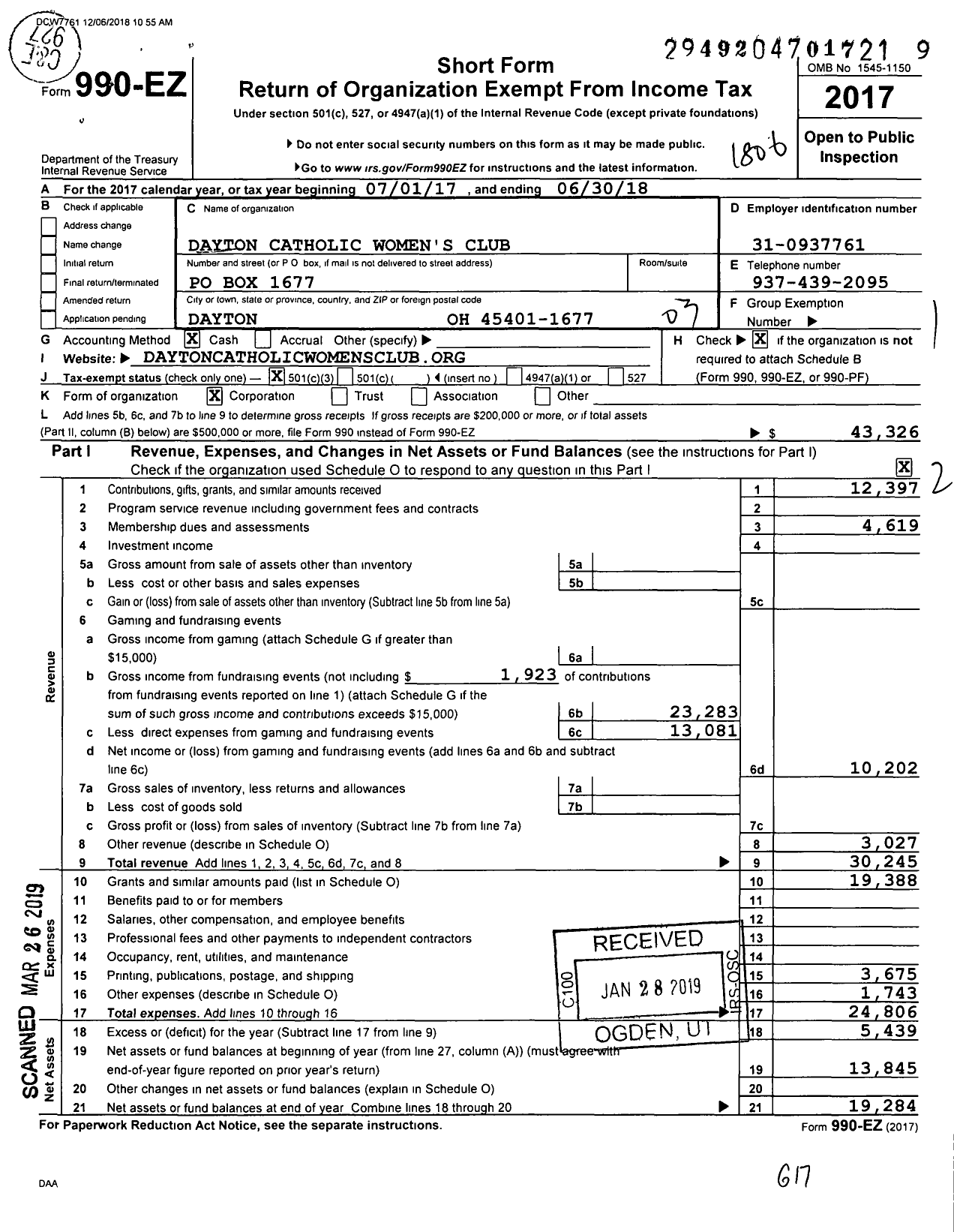 Image of first page of 2017 Form 990EZ for Dayton Catholic Women's Club