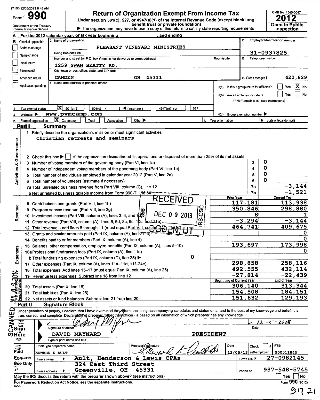 Image of first page of 2012 Form 990 for Pleasant Vineyard Ministries