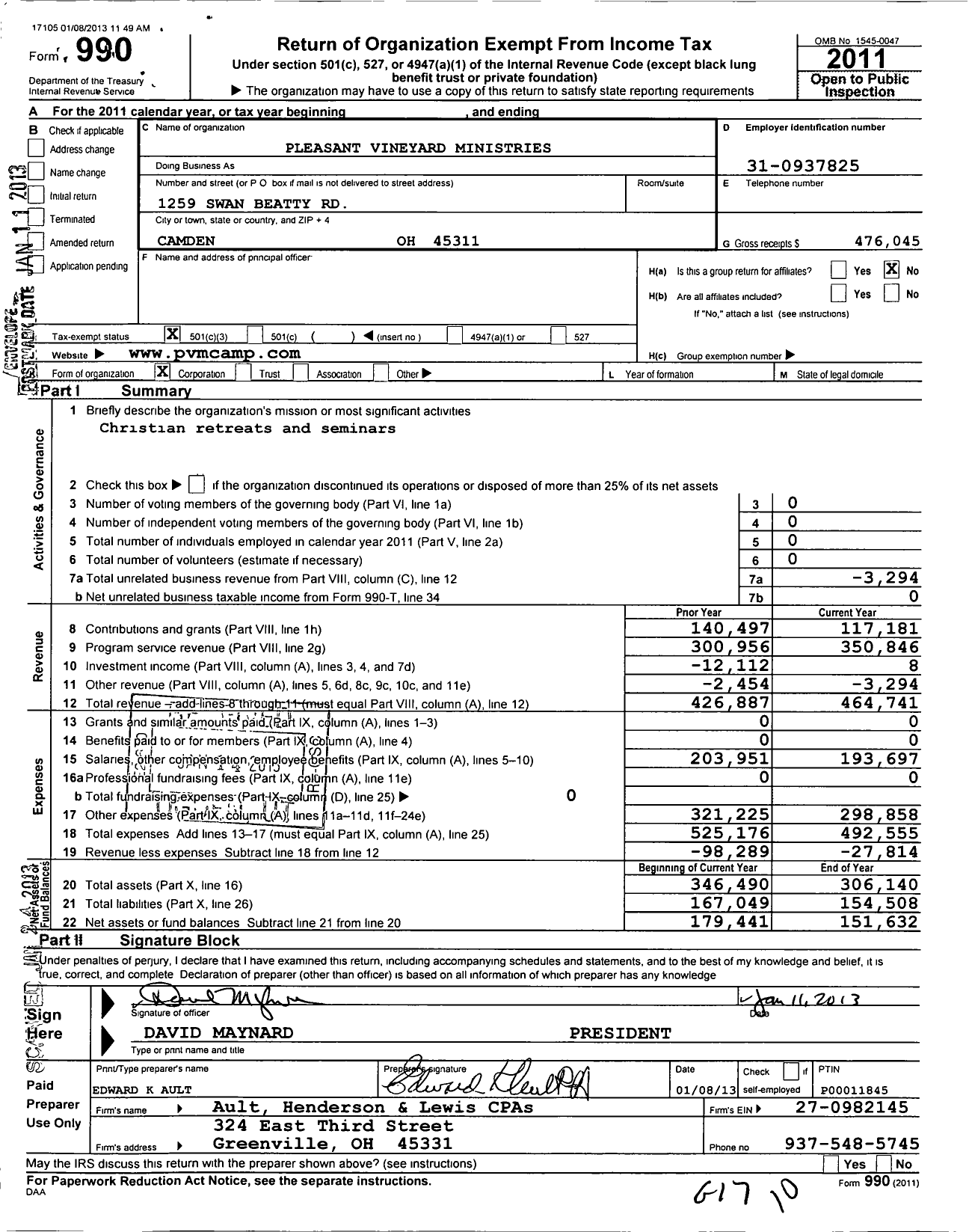 Image of first page of 2011 Form 990 for Pleasant Vineyard Ministries