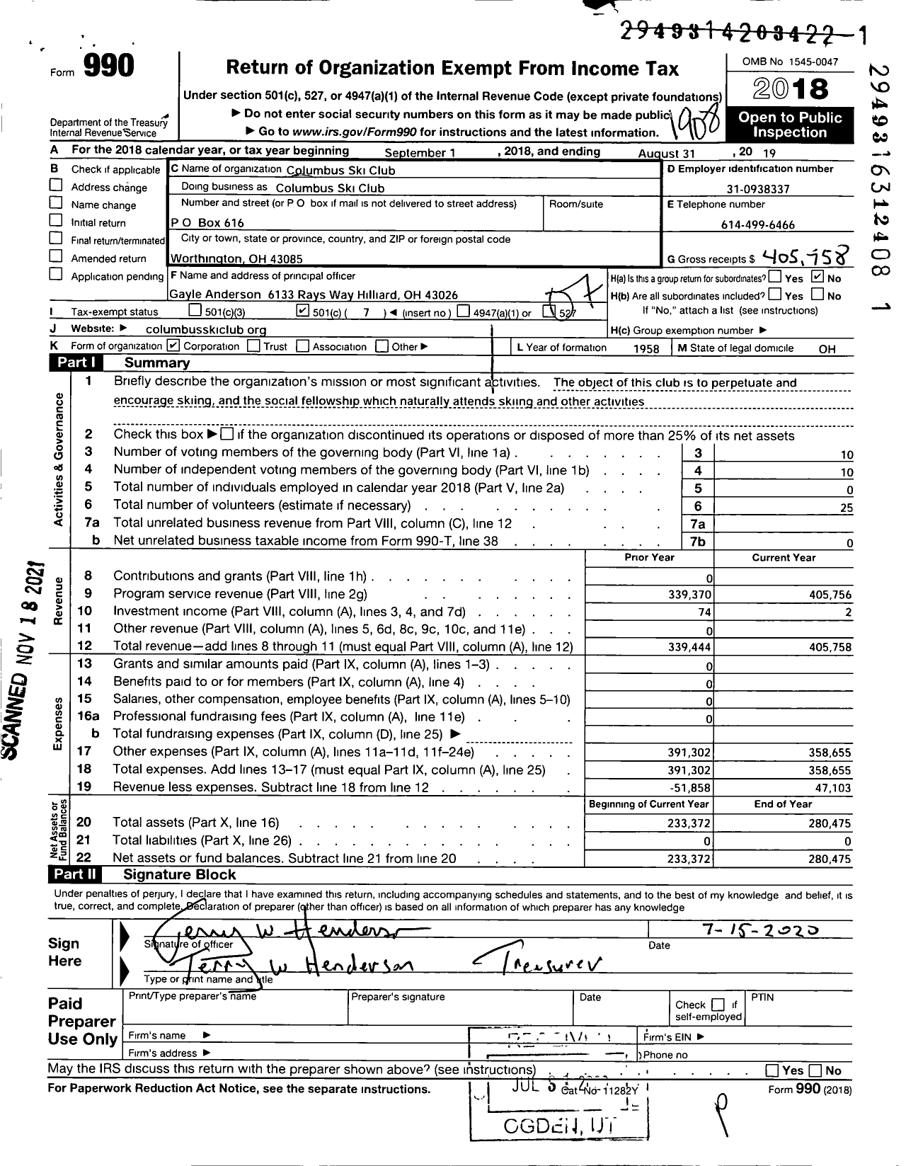 Image of first page of 2018 Form 990O for Columbus Ski Club Columbus Ski Club