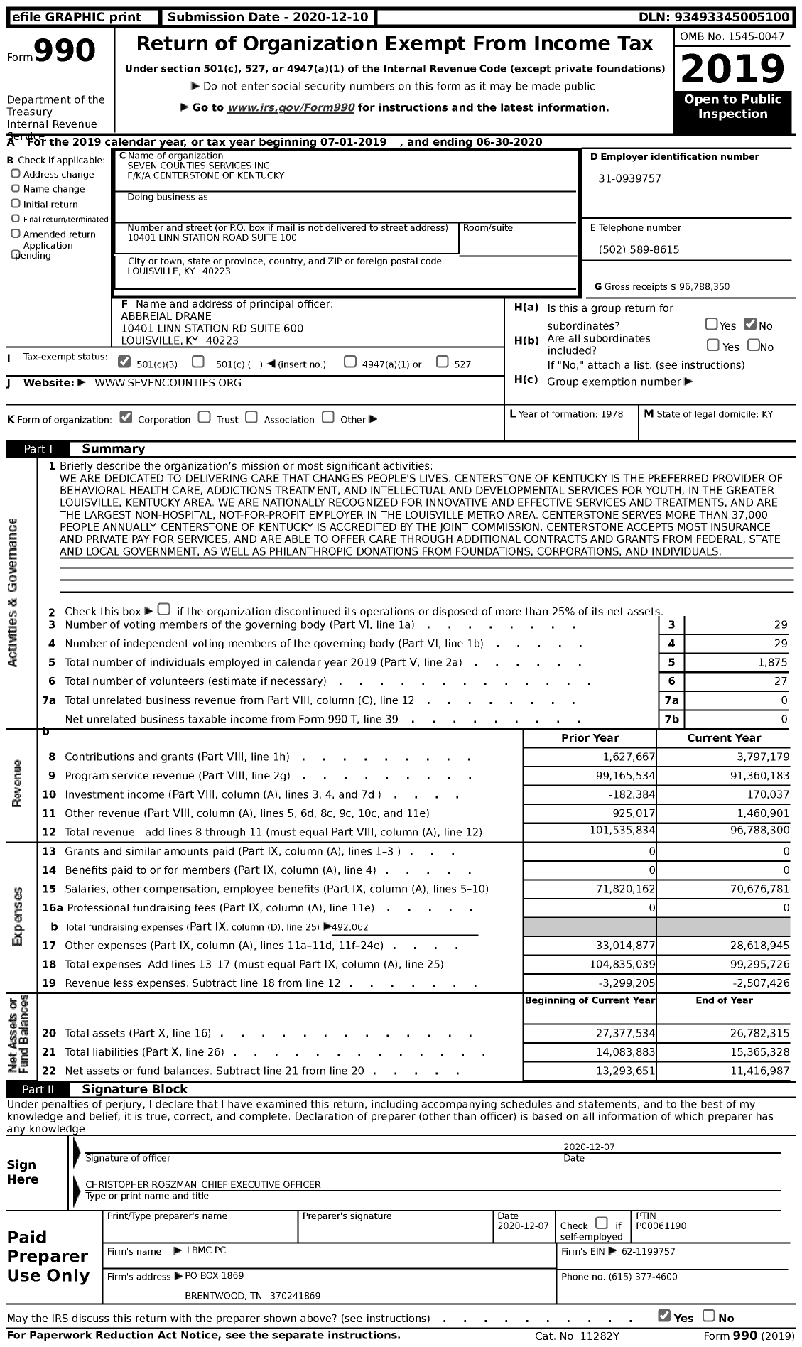 Image of first page of 2019 Form 990 for Seven Counties Services
