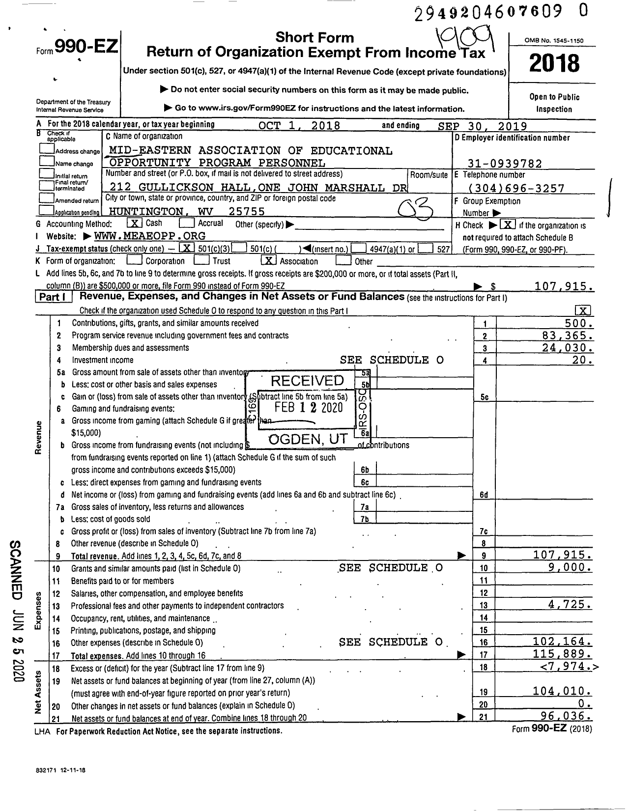 Image of first page of 2018 Form 990EZ for Mid-Eastern Association of Educational Opportunity Program Personnel