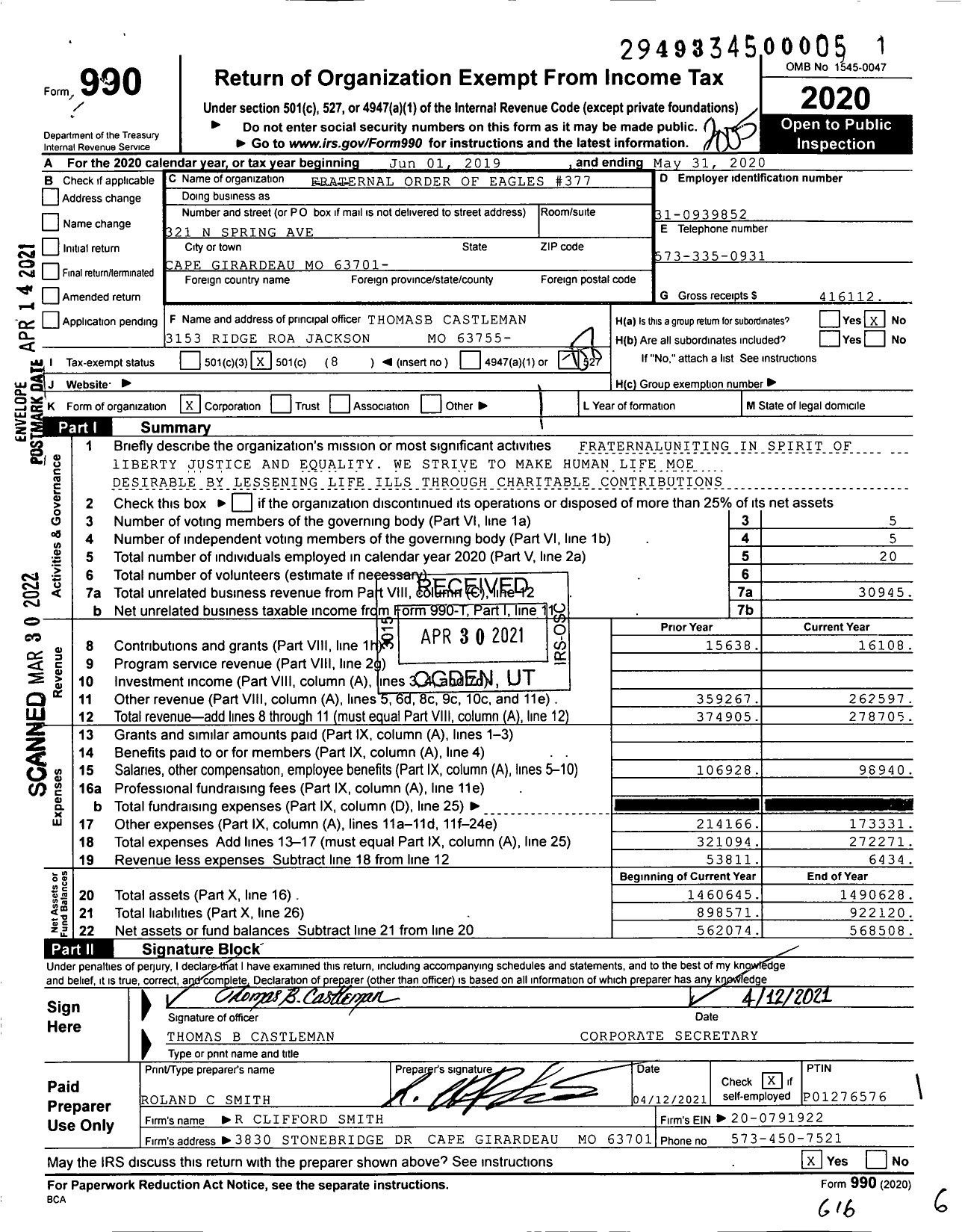 Image of first page of 2019 Form 990O for Fraternal Order of Eagles - 3775 Aerie