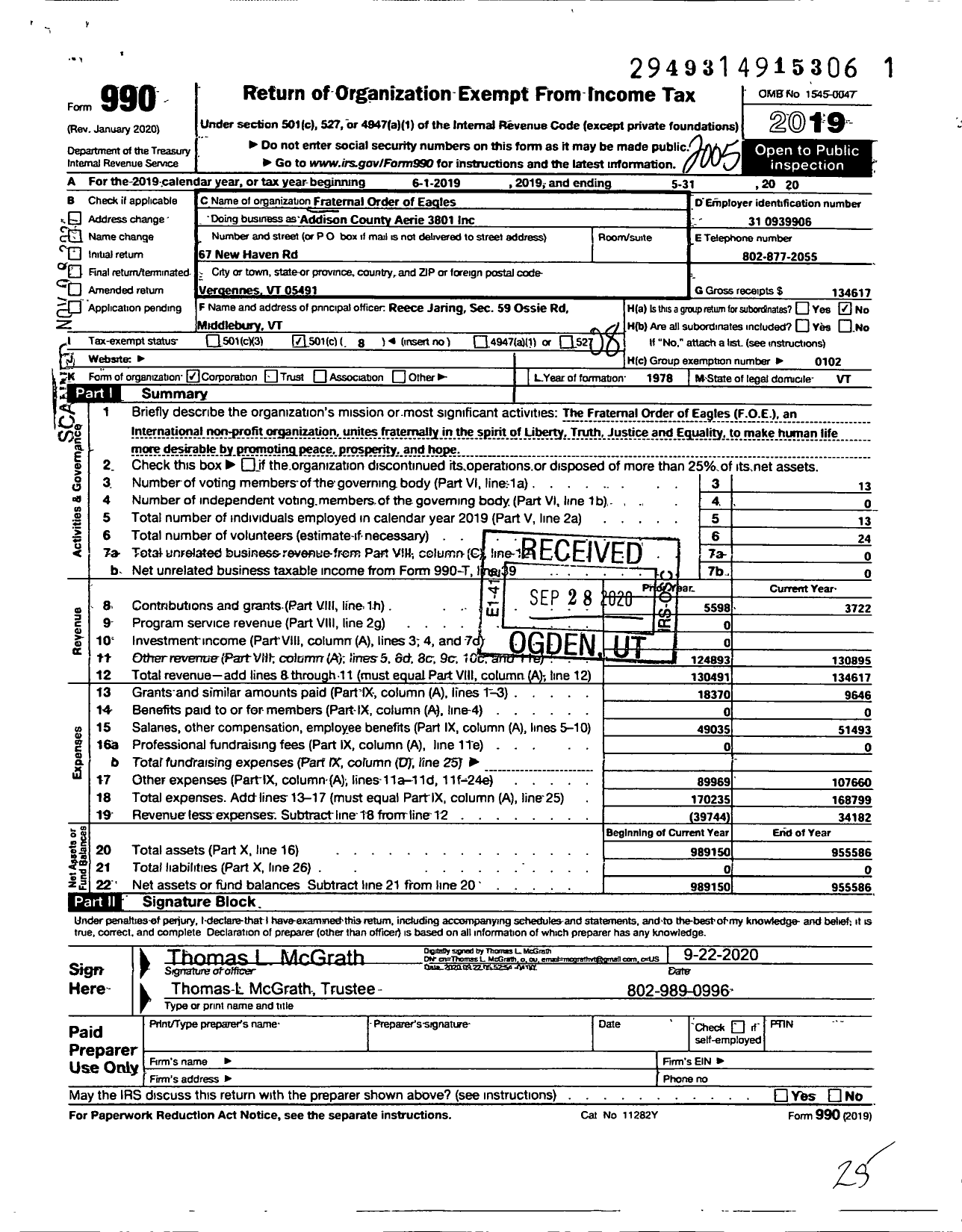 Image of first page of 2019 Form 990O for FRATERNAL ORDER OF EAGLES - 3801 Aerie