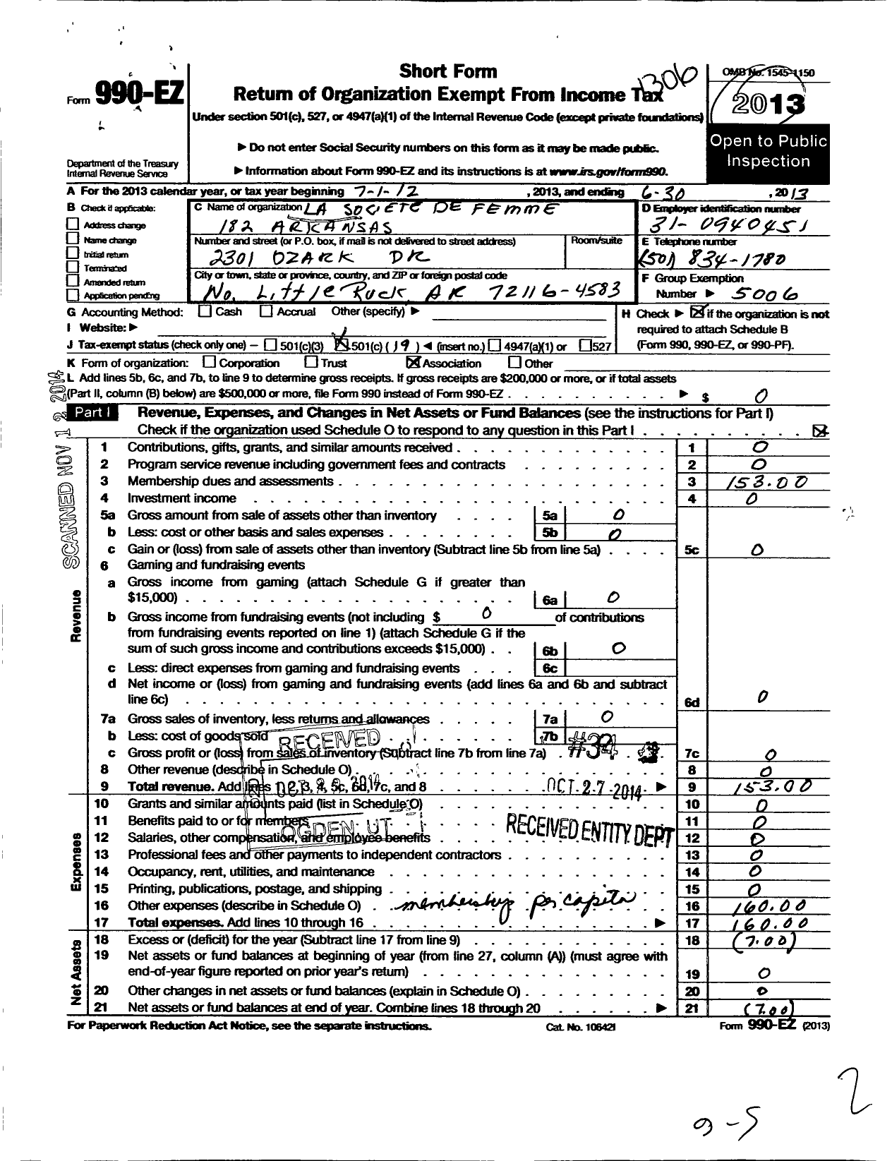 Image of first page of 2012 Form 990EO for La Societe de Femmes Cabane National - 182 Arkansas