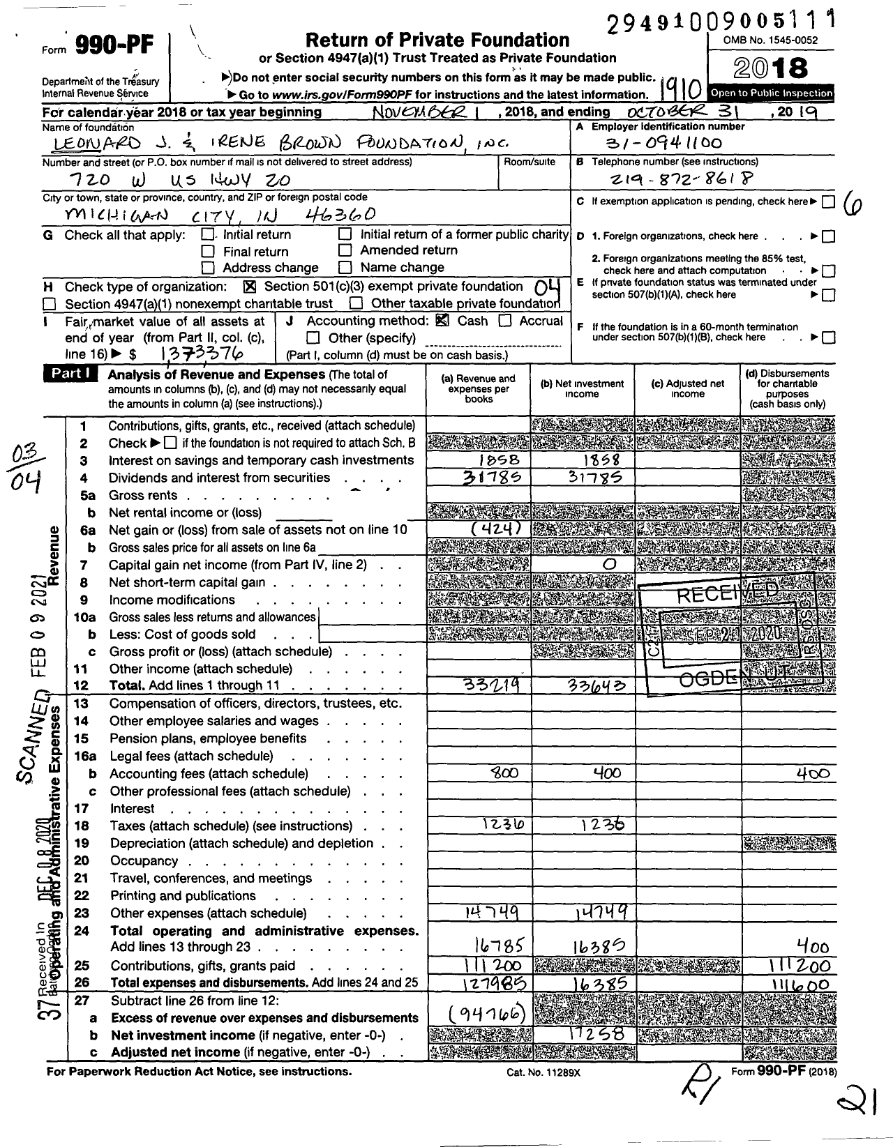 Image of first page of 2018 Form 990PF for Leonard J and Irene Brown Foundation