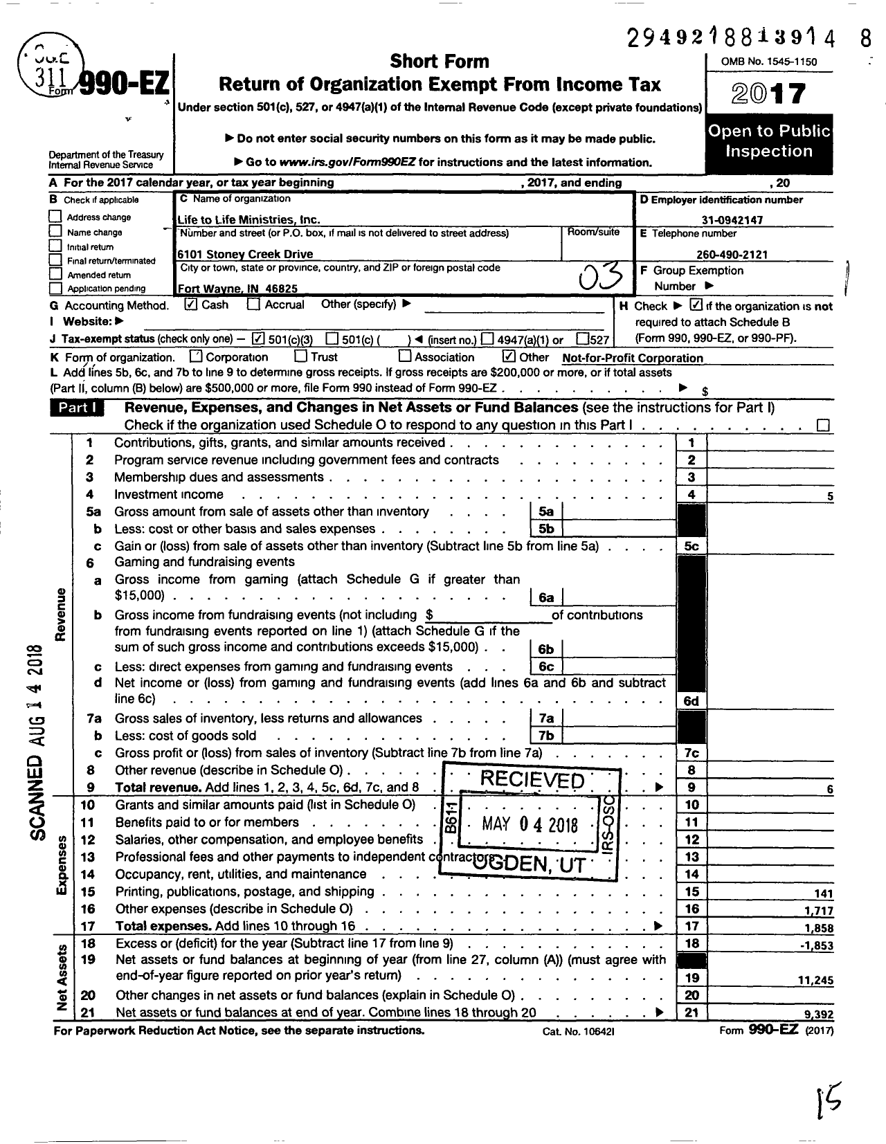 Image of first page of 2017 Form 990EZ for Life To Life Ministries