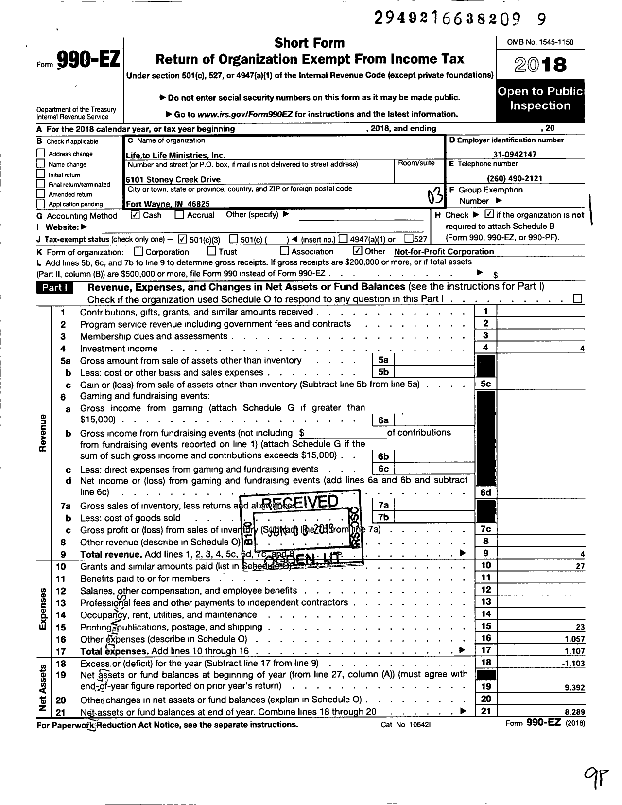 Image of first page of 2018 Form 990EZ for Life To Life Ministries