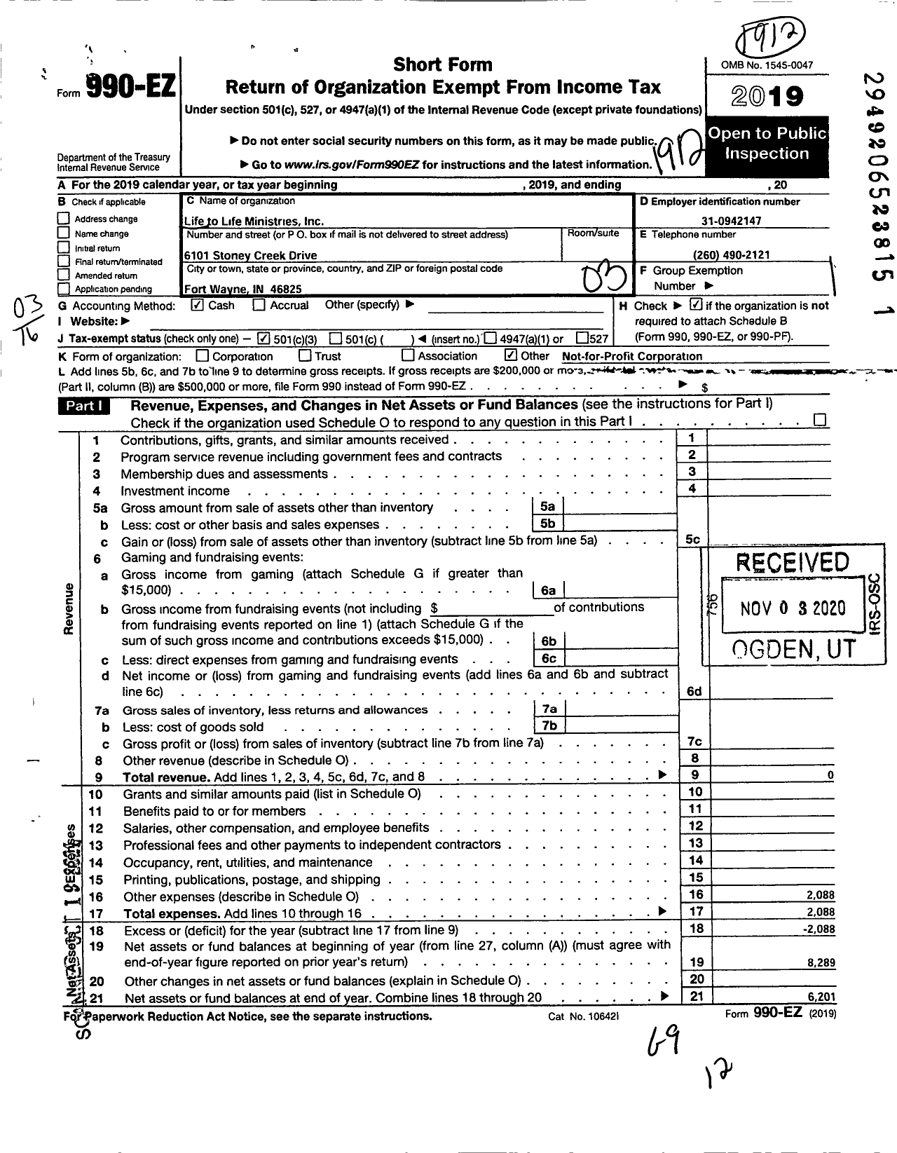 Image of first page of 2019 Form 990EZ for Life To Life Ministries