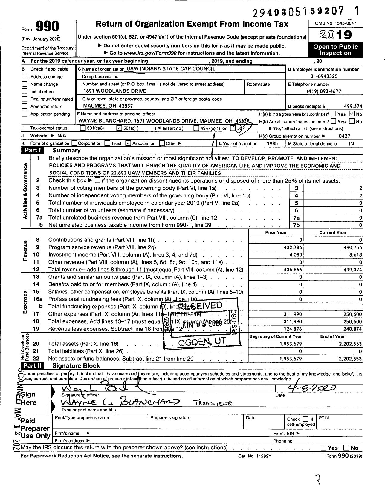 Image of first page of 2019 Form 990 for UAW - UAW Indiana State CAP Council