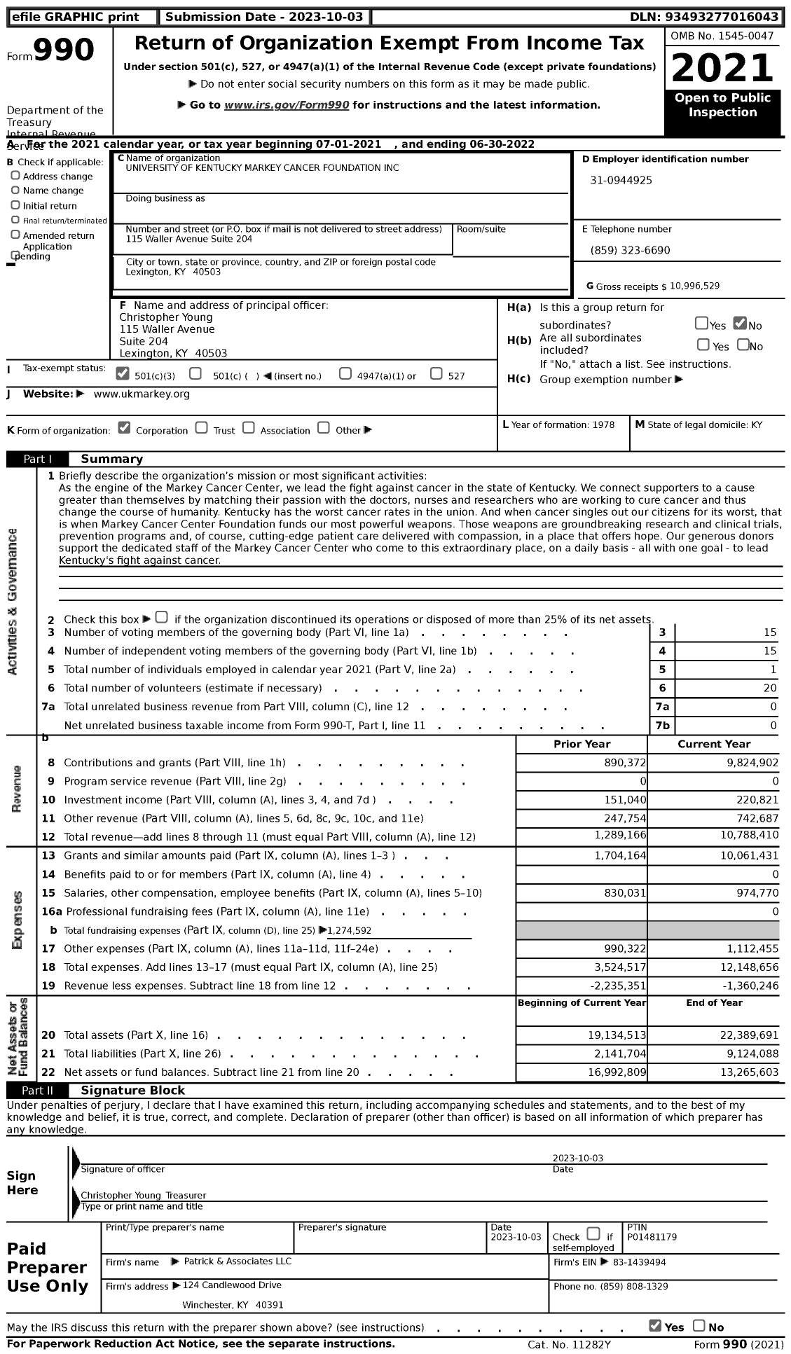 Image of first page of 2021 Form 990 for University of Kentucky Markey Cancer Foundation