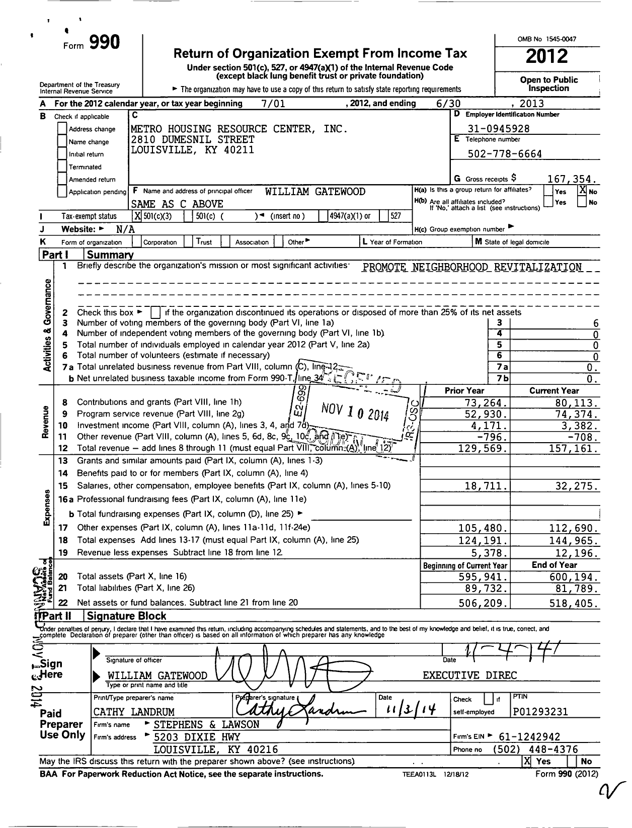Image of first page of 2012 Form 990 for Metro Housing Resource Center