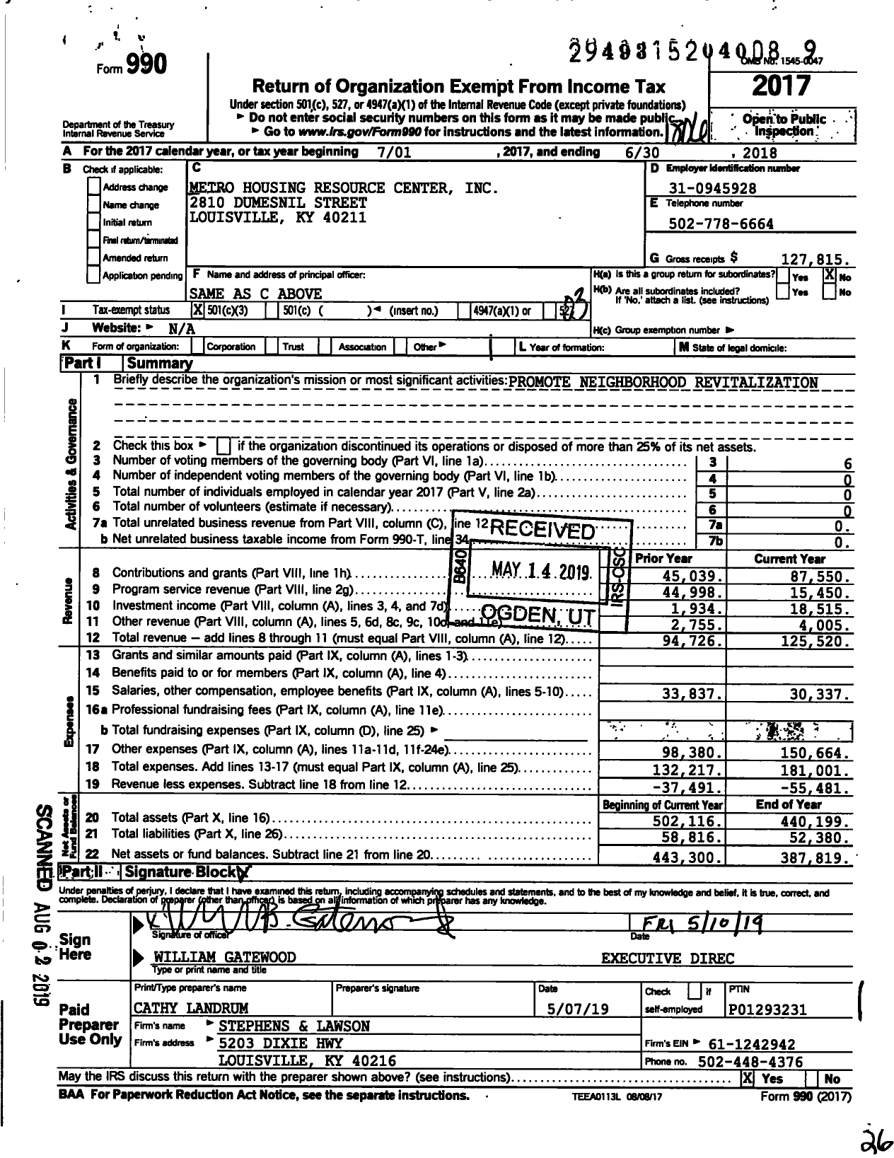 Image of first page of 2017 Form 990 for Metro Housing Resource Center