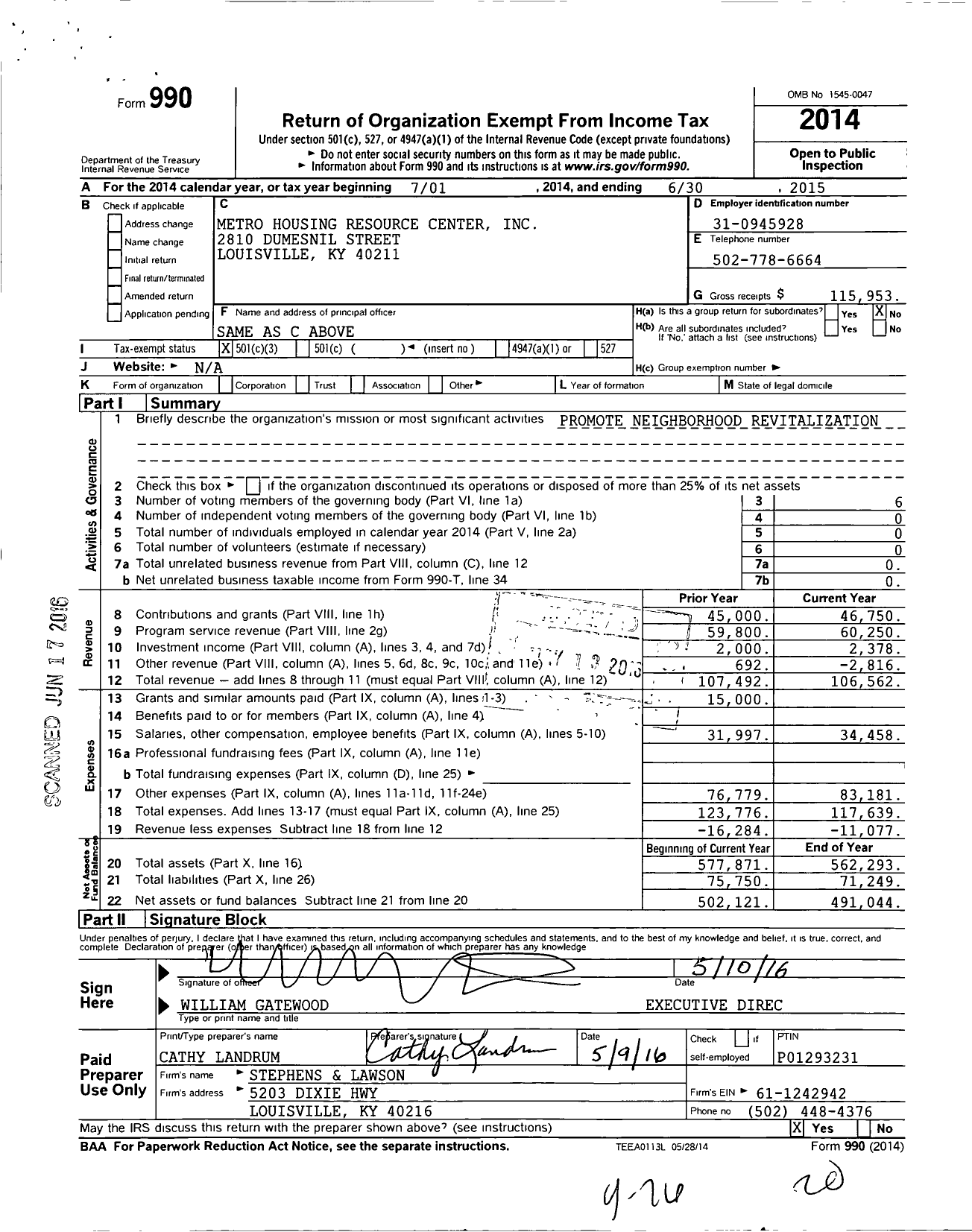 Image of first page of 2014 Form 990 for Metro Housing Resource Center