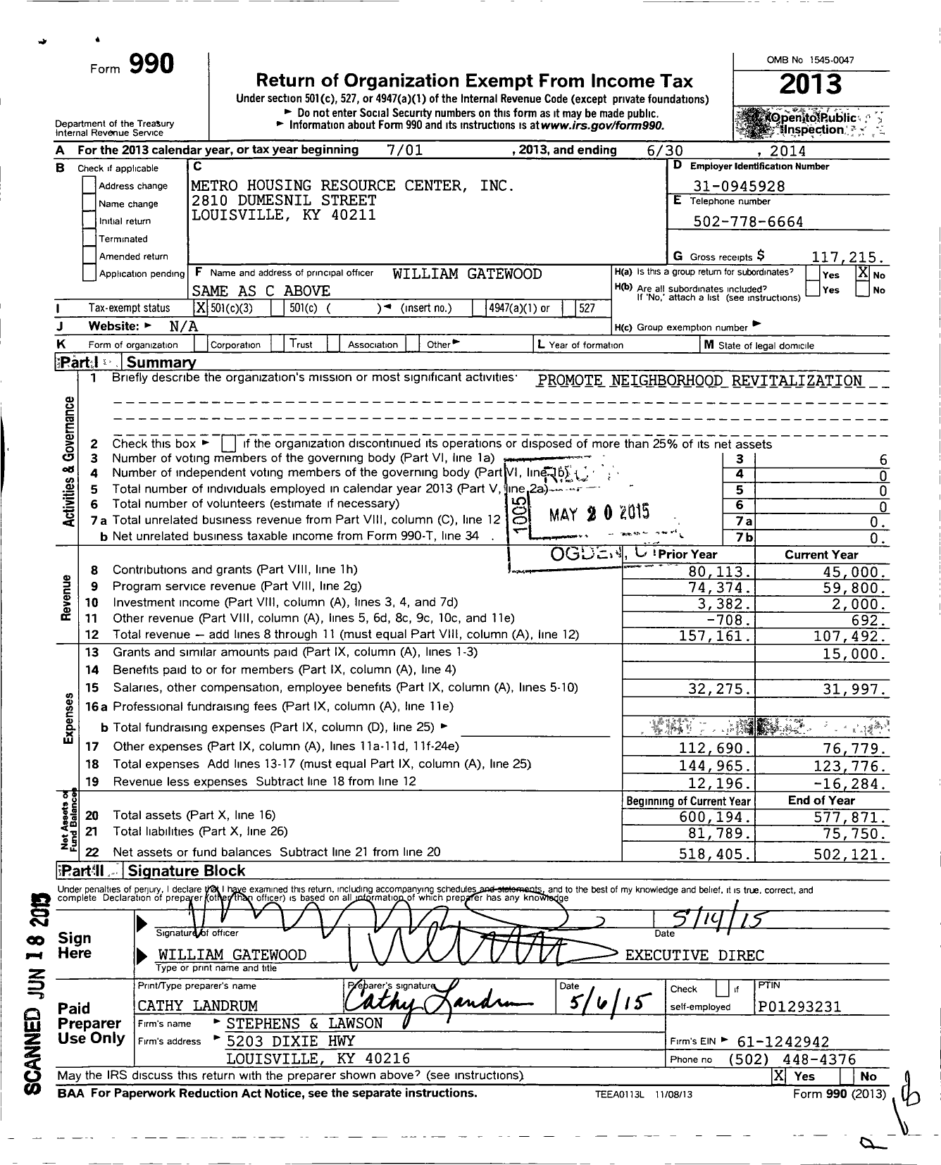 Image of first page of 2013 Form 990 for Metro Housing Resource Center