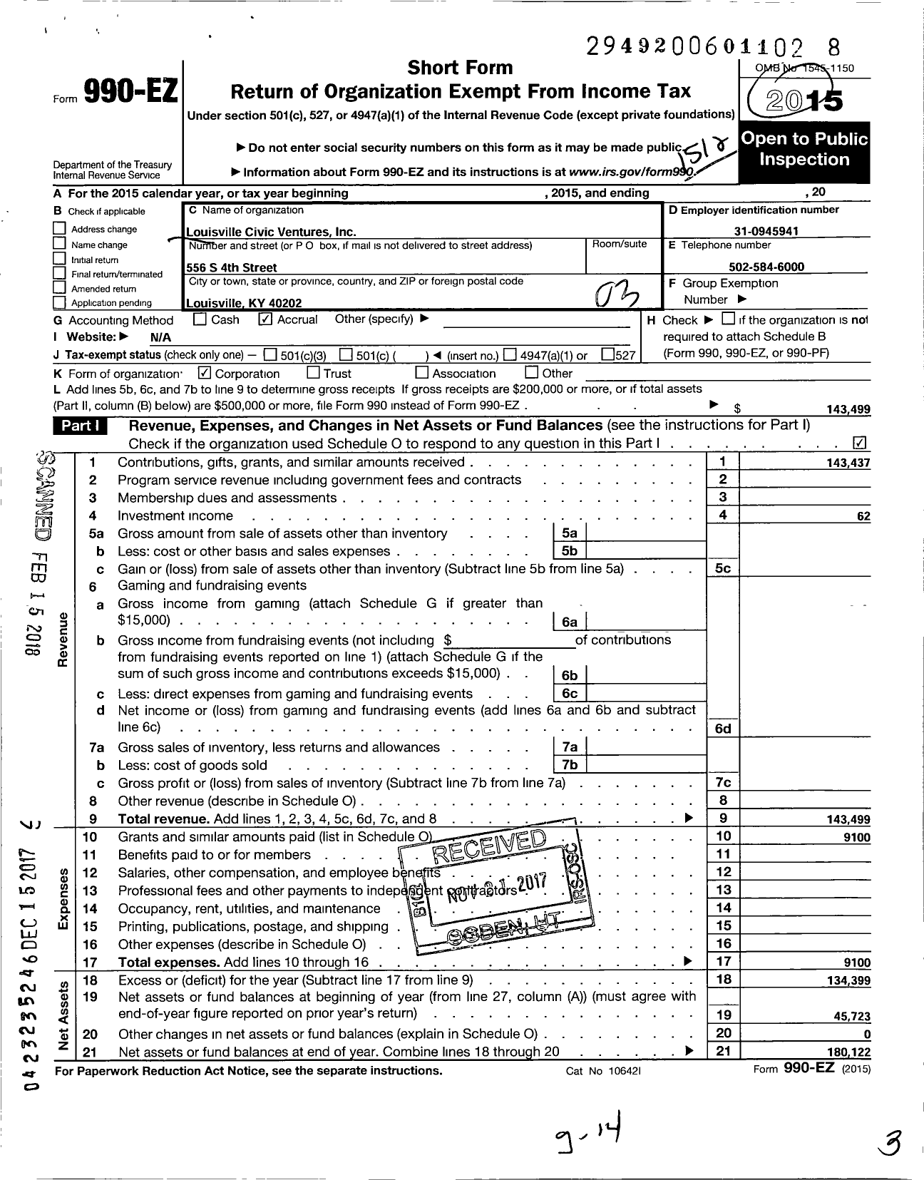 Image of first page of 2015 Form 990EZ for Louisville Civic Ventures