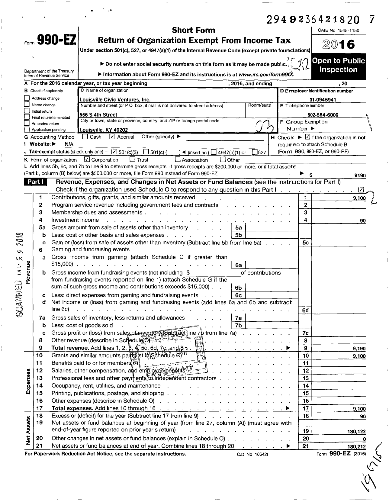 Image of first page of 2016 Form 990EZ for Louisville Civic Ventures