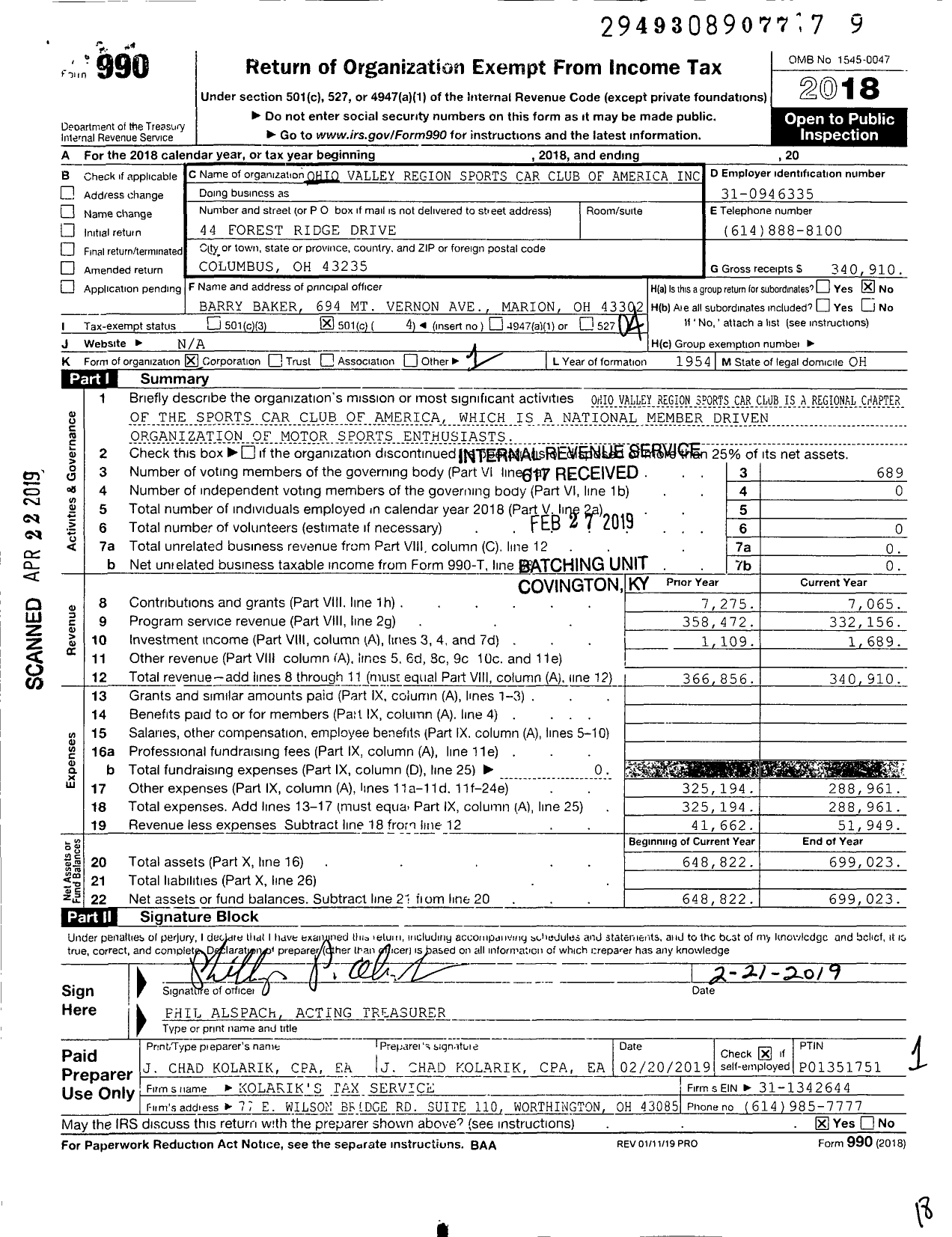 Image of first page of 2018 Form 990O for Ohio Valley Region Sports Car Club of America