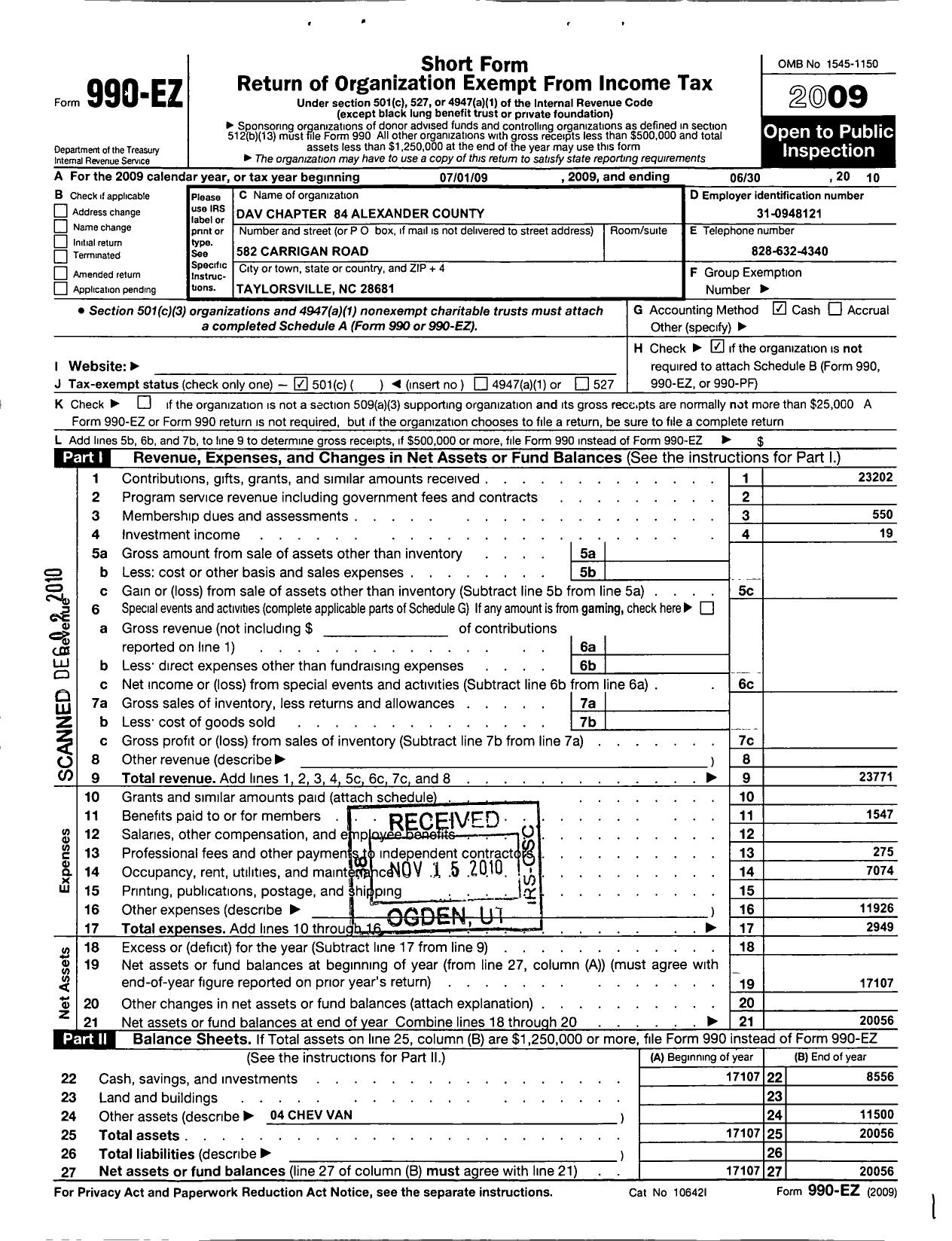 Image of first page of 2009 Form 990EO for Disabled American Veterans - 84 Alexander County