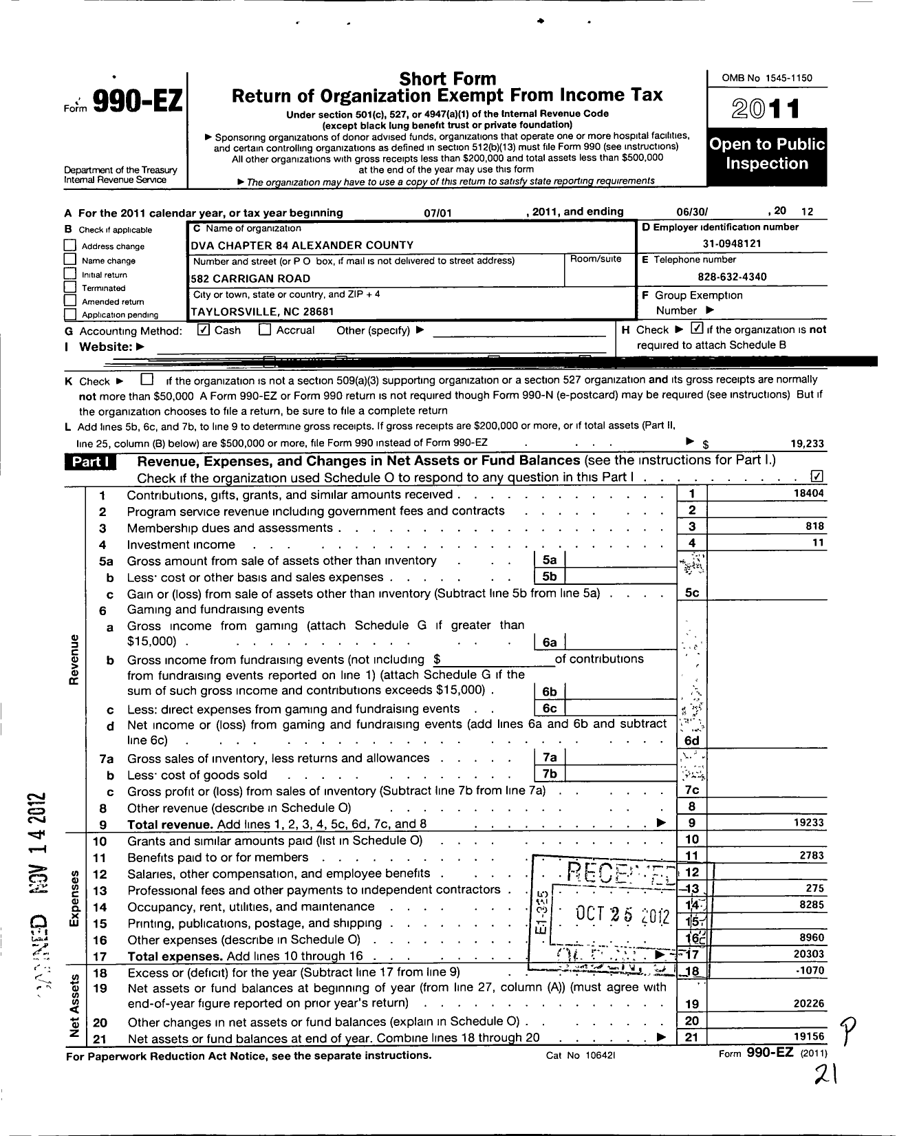 Image of first page of 2011 Form 990EO for Disabled American Veterans - 84 Alexander County
