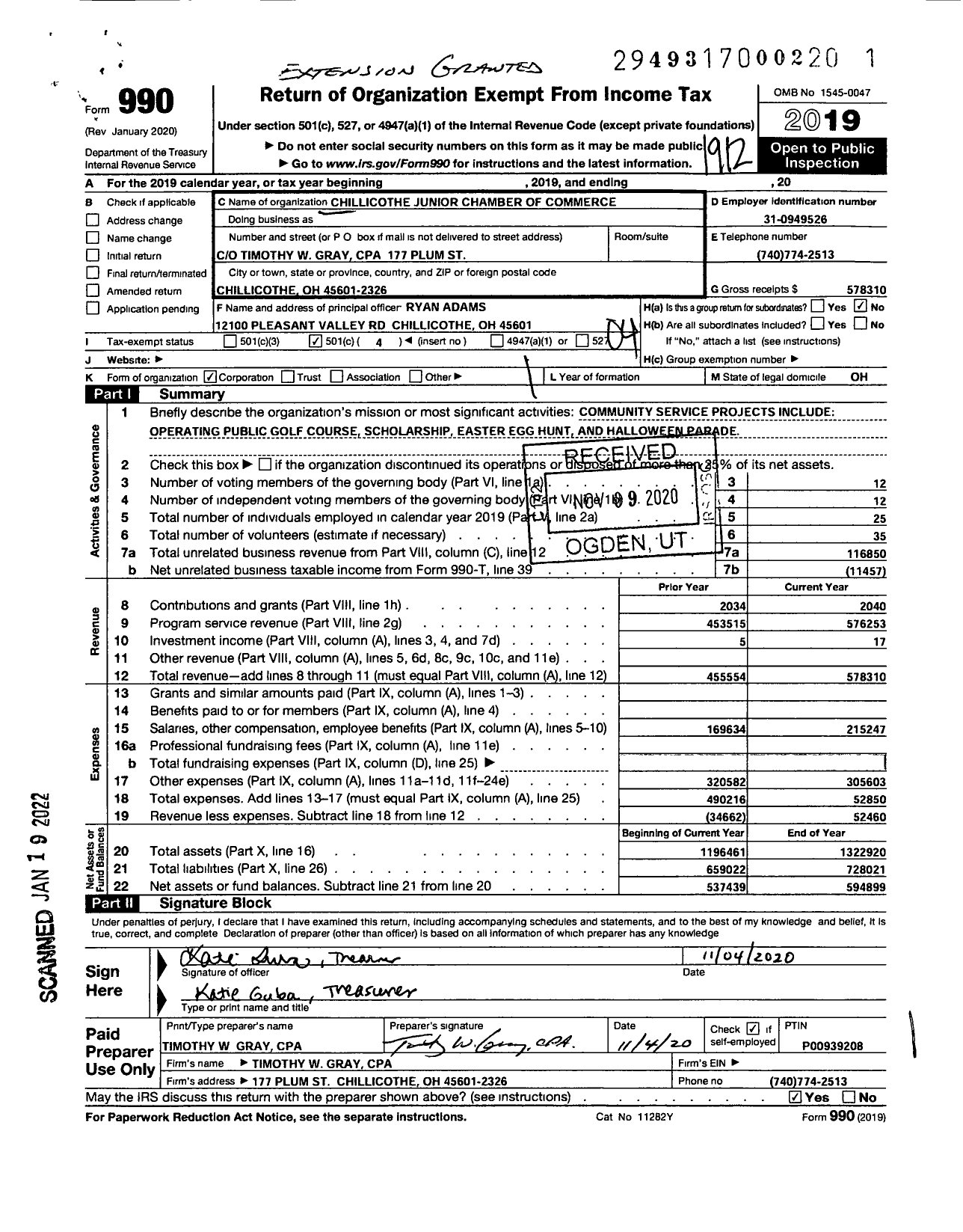 Image of first page of 2019 Form 990O for Chillicothe Junior Chamber of Commerce