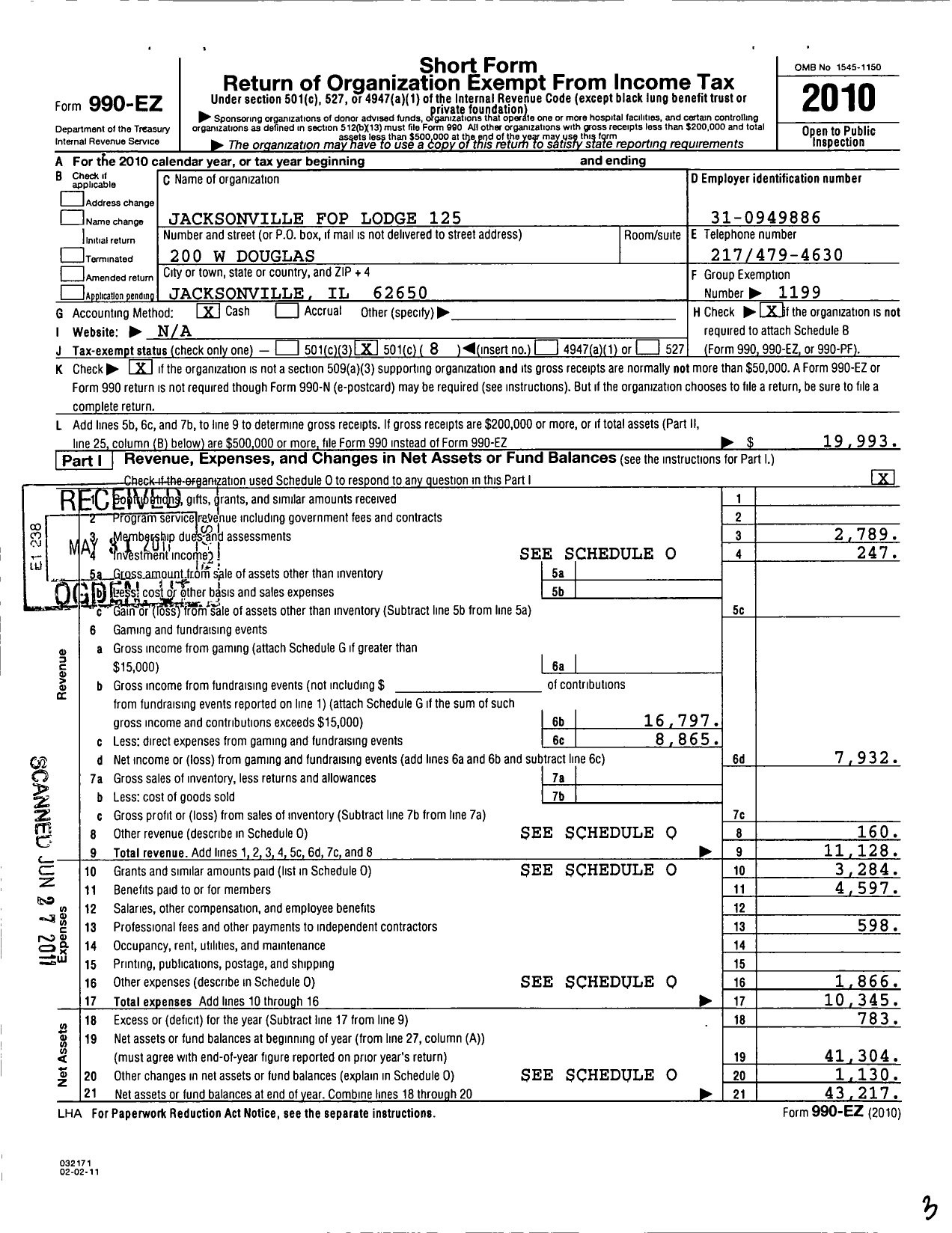 Image of first page of 2010 Form 990EO for Fraternal Order of Police - 125 Jacksonville Lodge