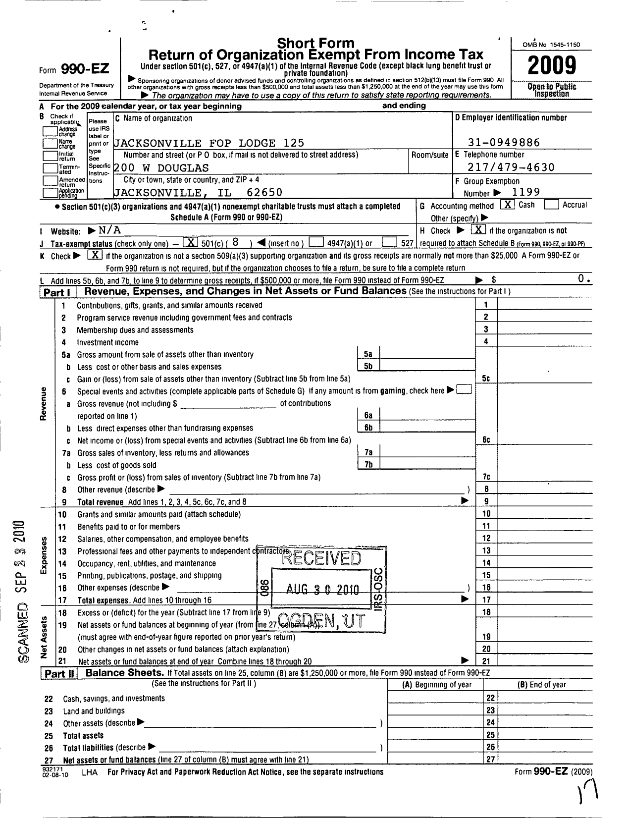 Image of first page of 2009 Form 990EO for Fraternal Order of Police - 125 Jacksonville Lodge