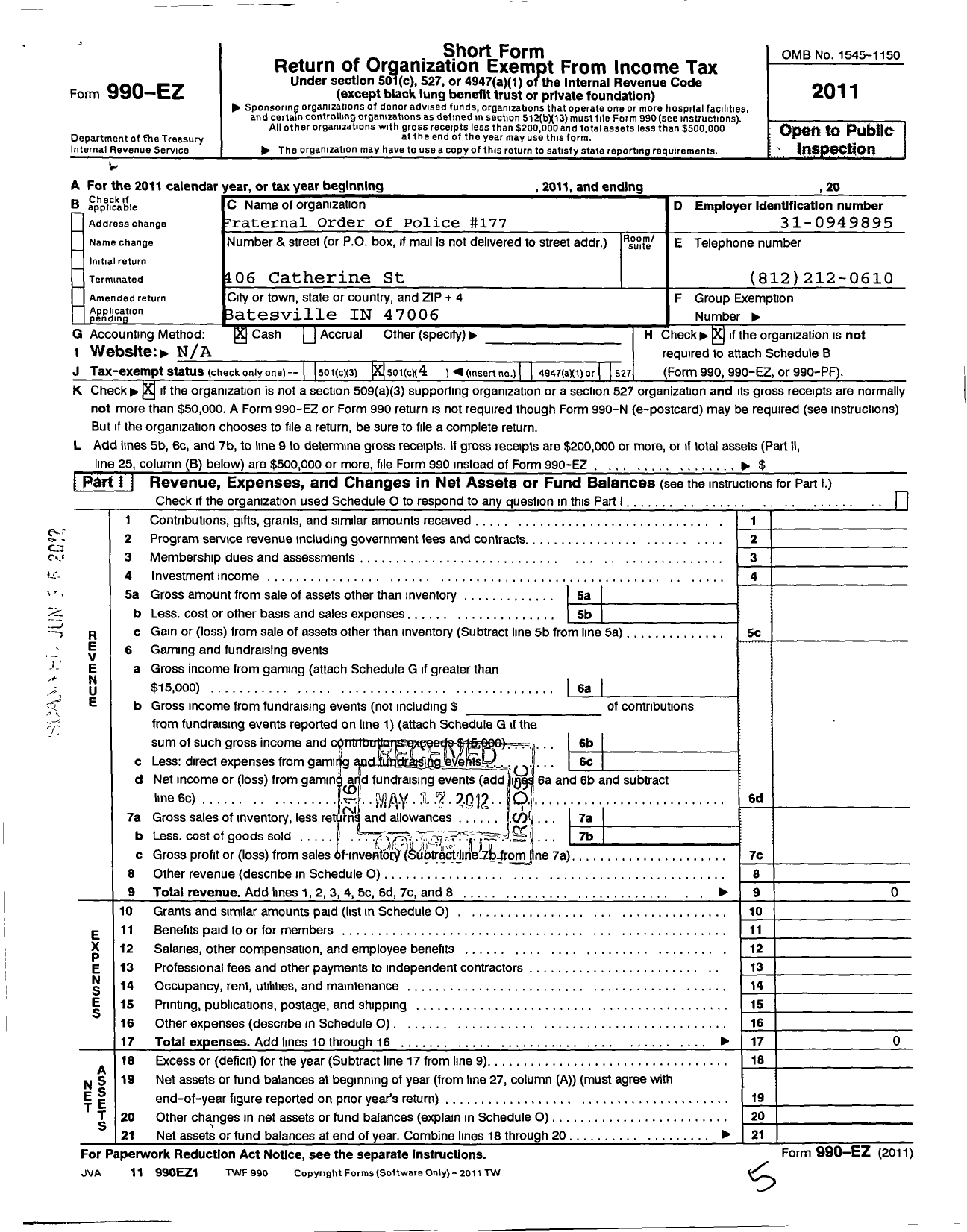 Image of first page of 2011 Form 990EO for Fraternal Order of Police - 177 William R Rayner Memorial Lodge