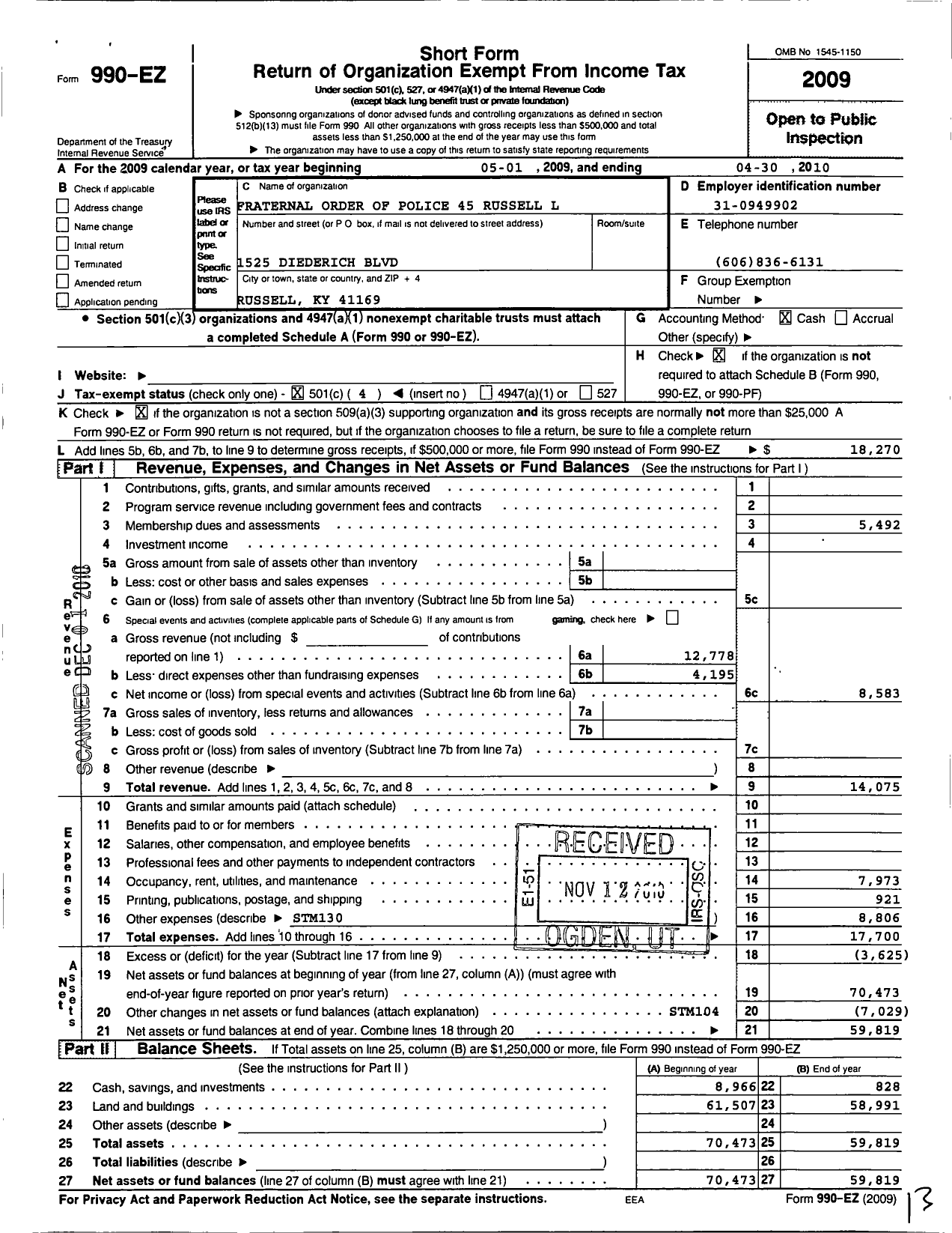 Image of first page of 2009 Form 990EO for Fraternal Order of Police - 45 Russell Lodge