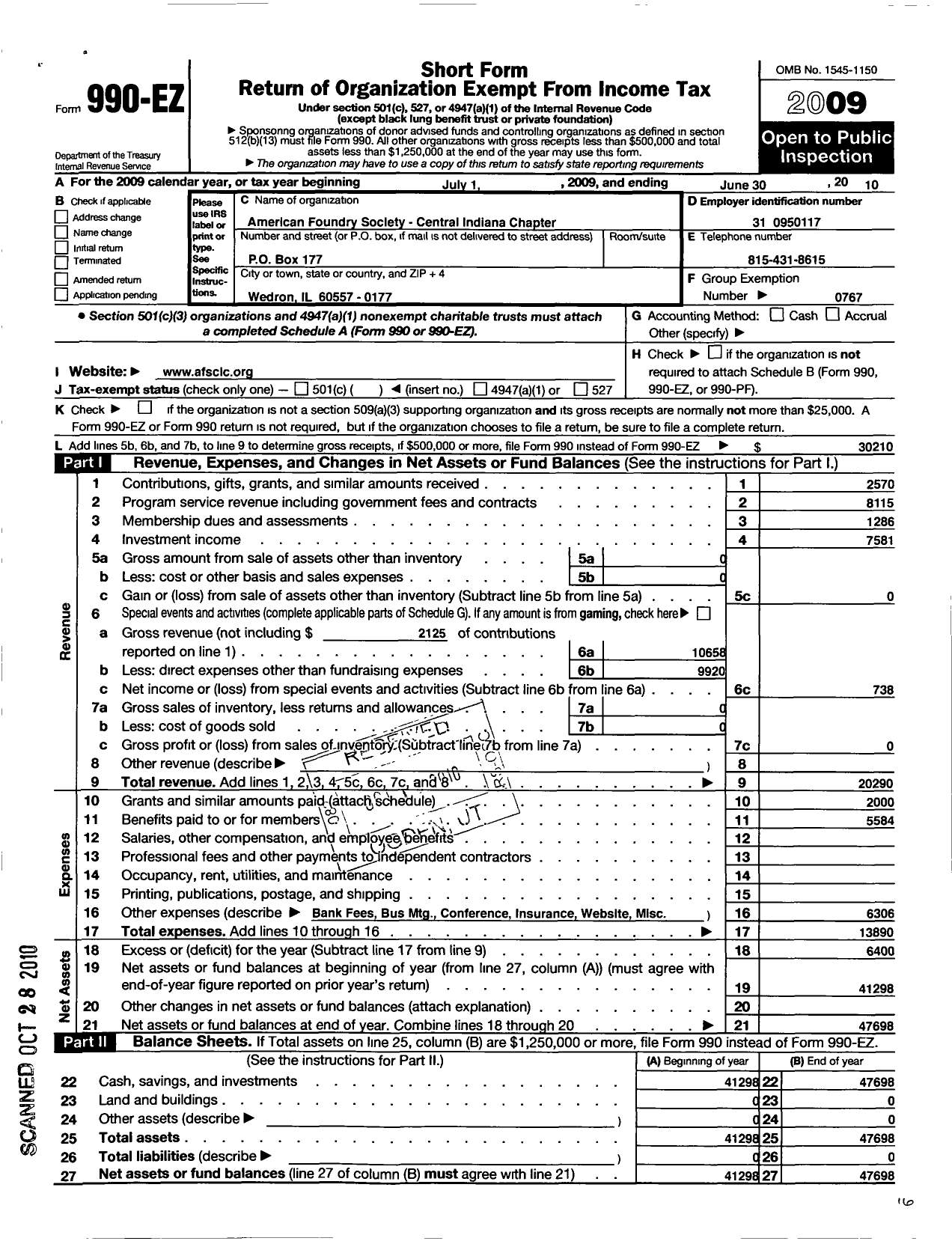 Image of first page of 2009 Form 990EO for American Foundry Society - Central Indiana Region 5