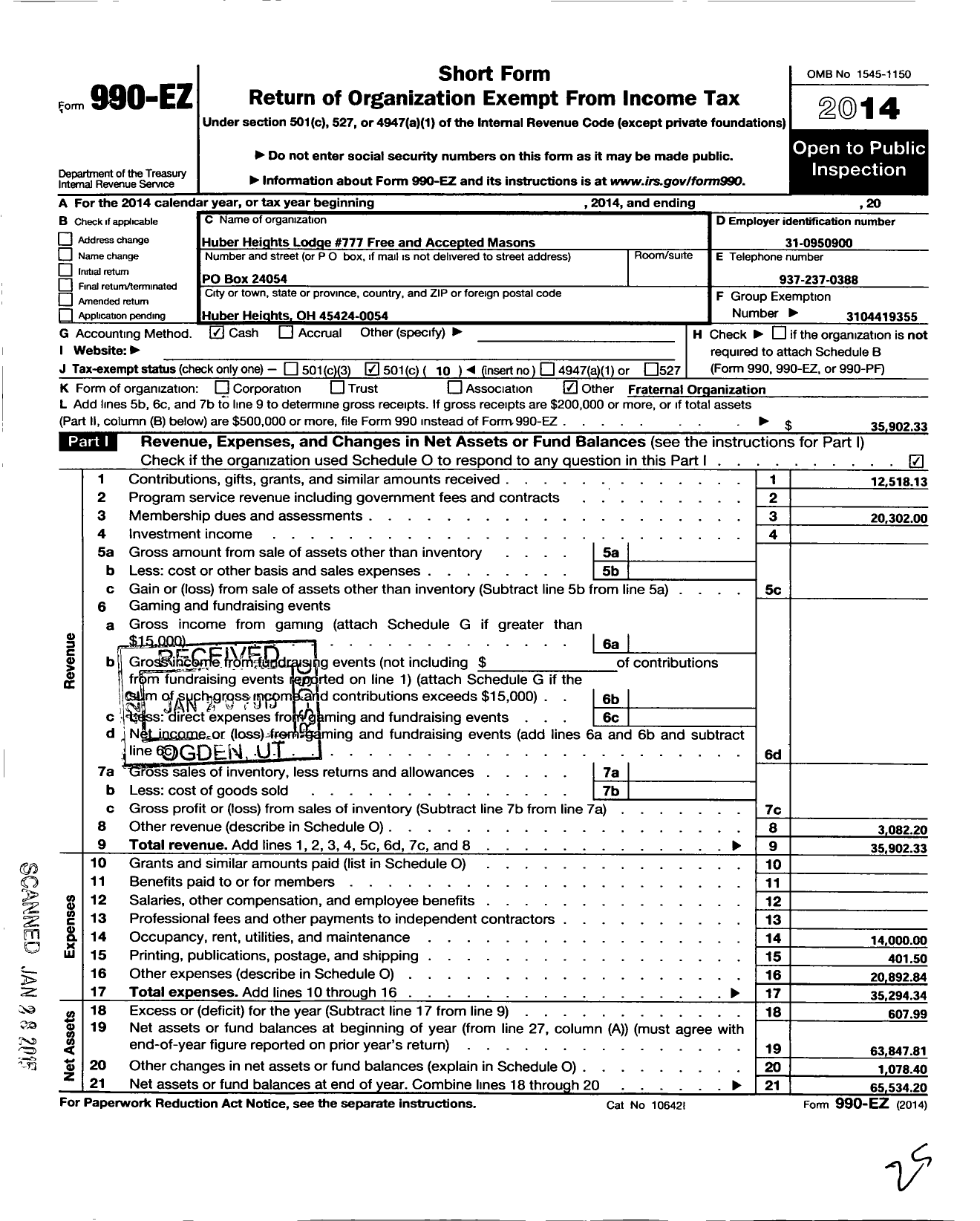 Image of first page of 2014 Form 990EO for Free & Accepted Masons of Ohio - 777 Huber Heights Lodge