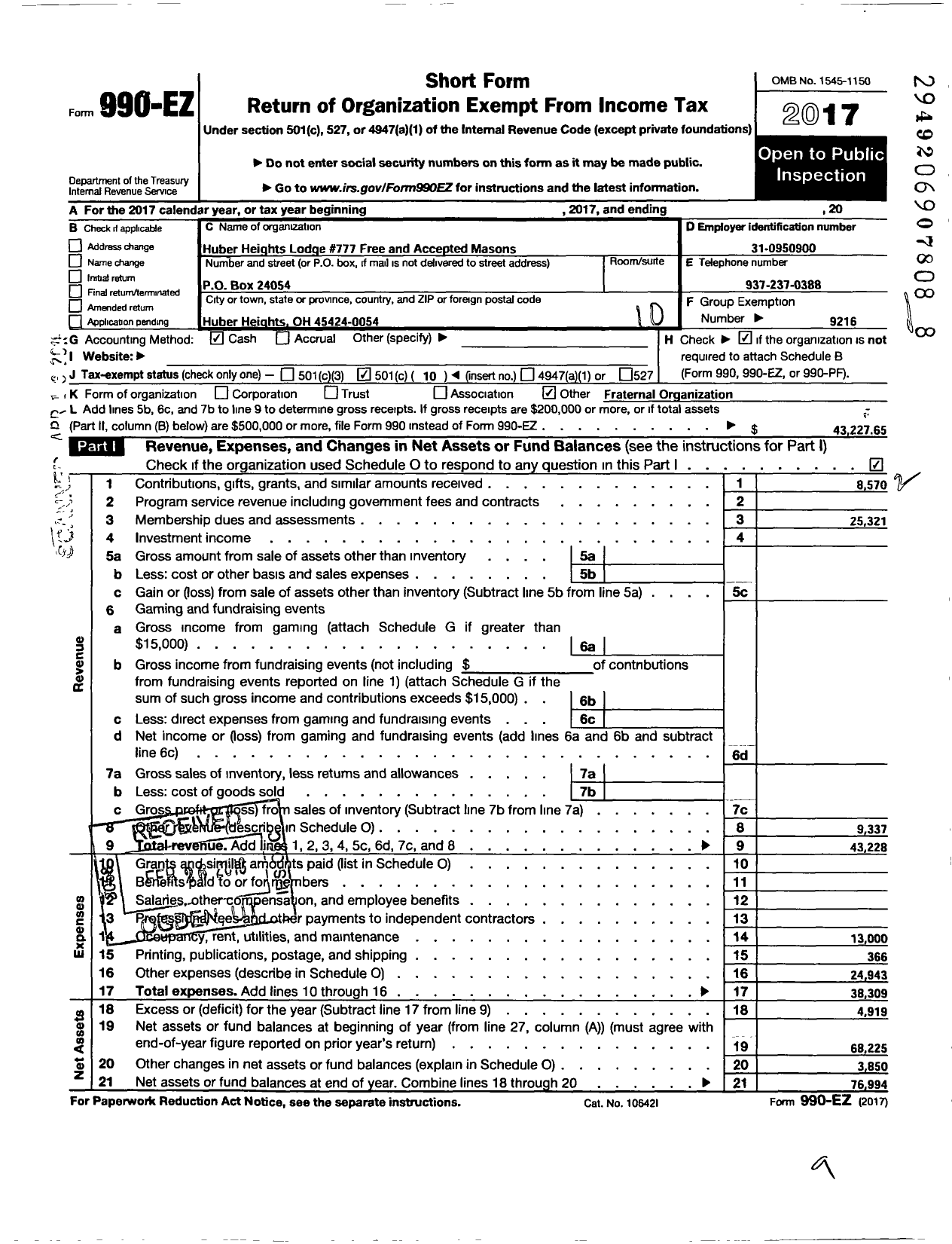 Image of first page of 2017 Form 990EO for Free & Accepted Masons of Ohio - 777 Huber Heights Lodge