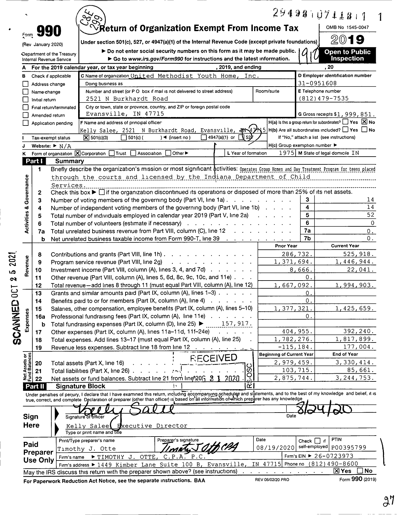 Image of first page of 2019 Form 990 for United Methodist Youth Home