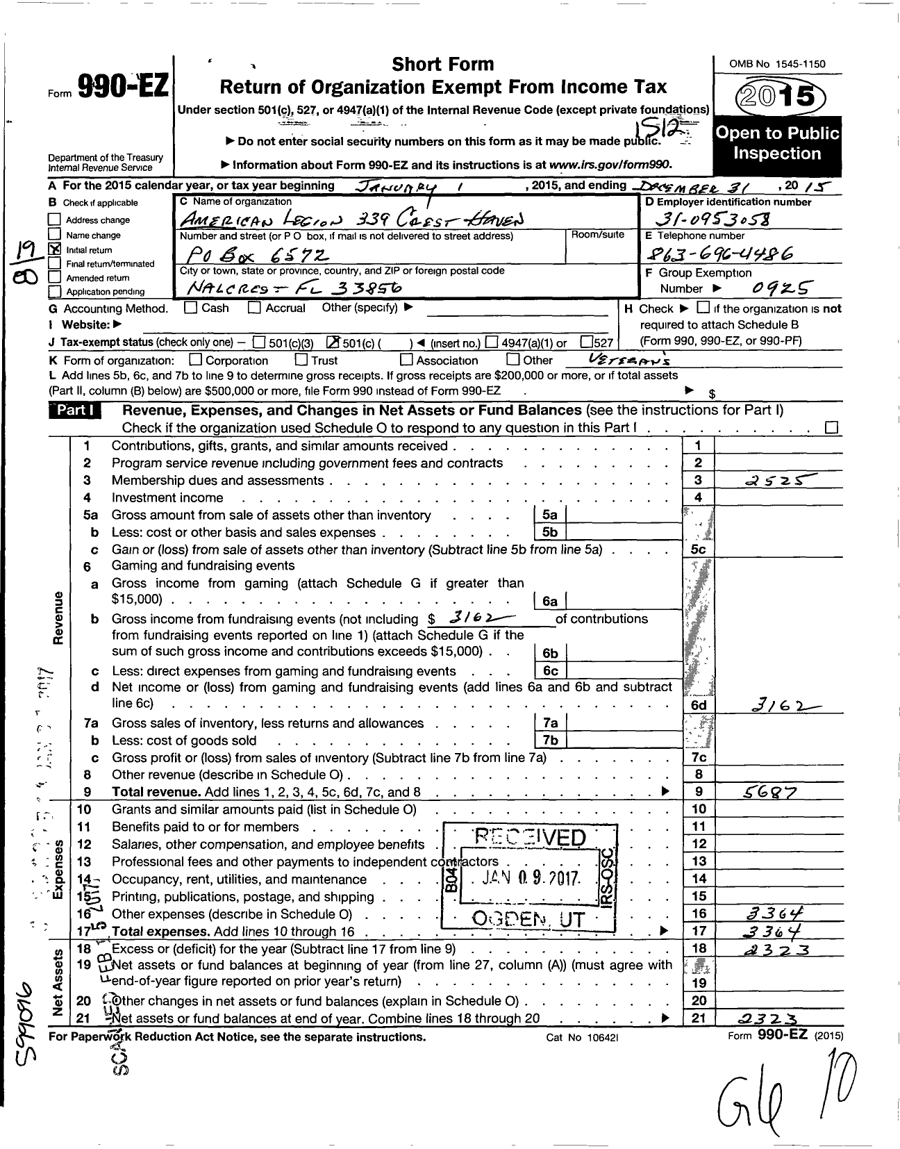 Image of first page of 2015 Form 990EO for American Legion - 339 Post Crest Haven