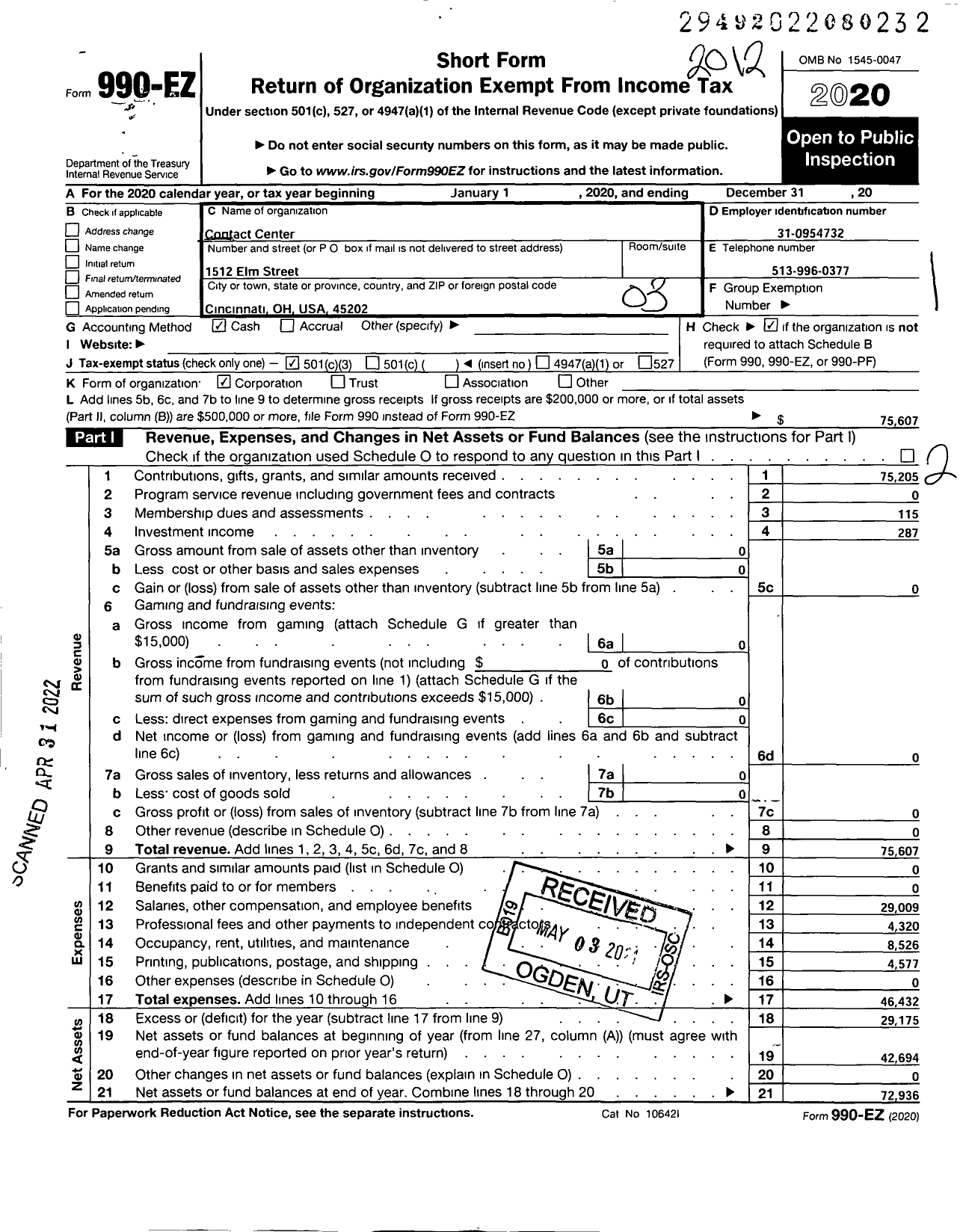 Image of first page of 2020 Form 990EZ for Contact Center