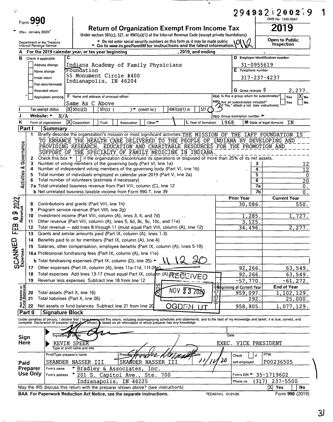 Image of first page of 2019 Form 990 for Indiana Academy of Family Physicians Foundation