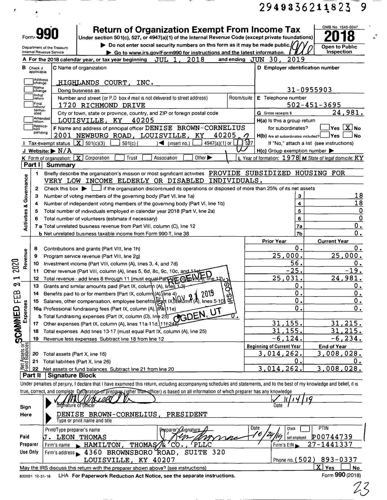 Image of first page of 2018 Form 990 for Highlands Court