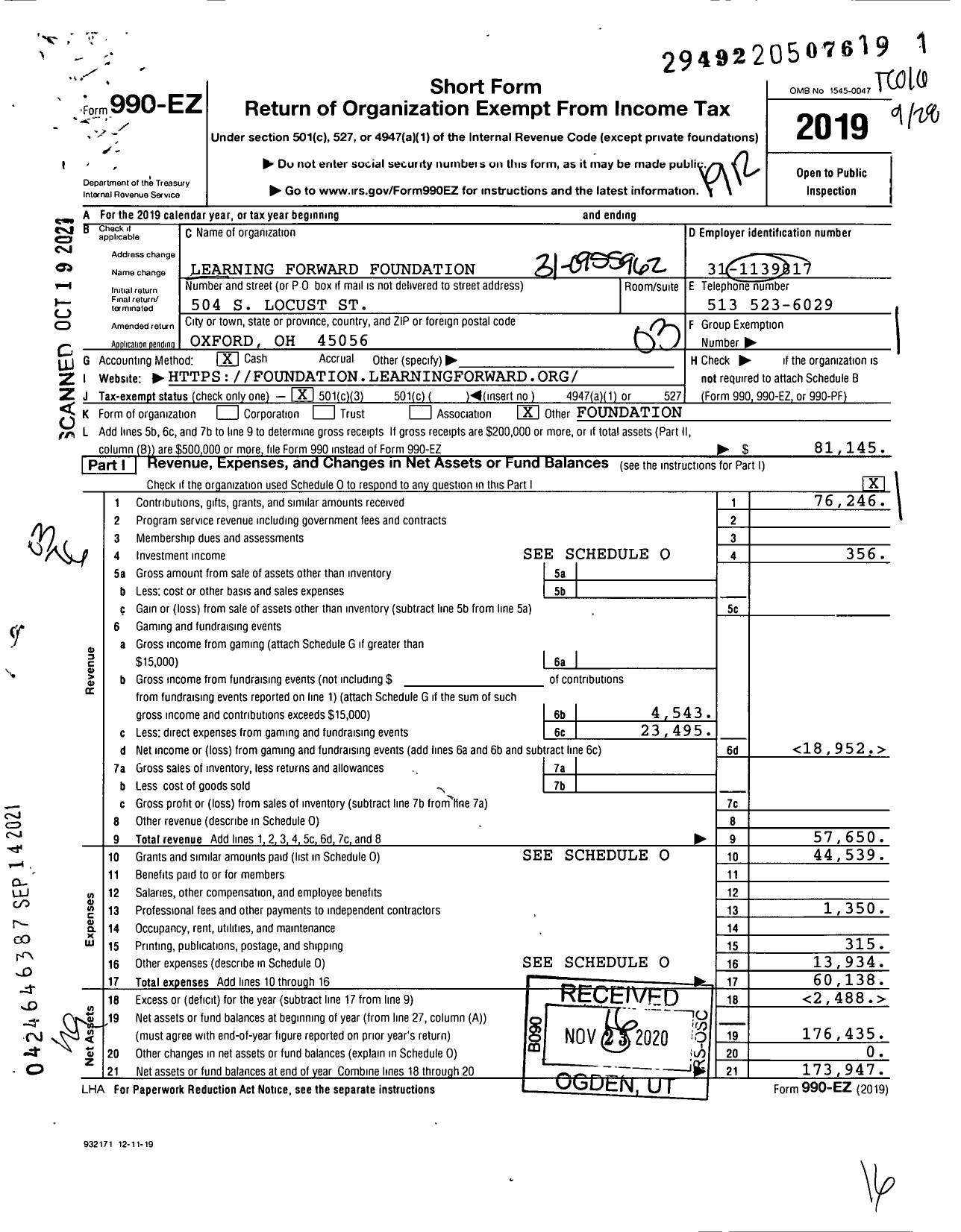 Image of first page of 2019 Form 990EZ for Learning Forward